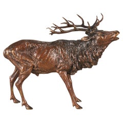 Early 20th C Austrian Cold-Painted Entitled "Roaring Stag" by Franz Bergman