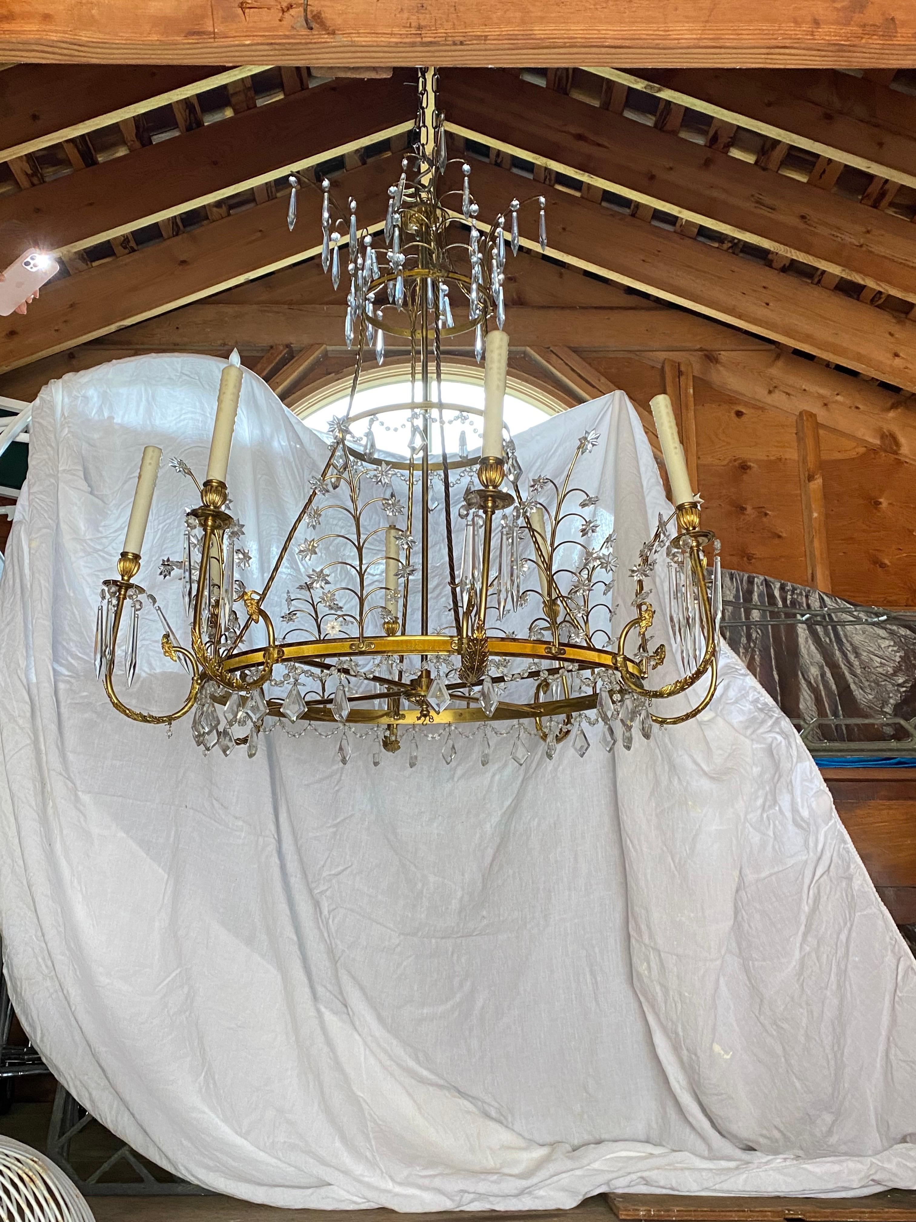 Early 20th C Baltic Russian Neoclassical Eight-Arm Brass & Crystal Chandelier In Good Condition For Sale In Southampton, NY