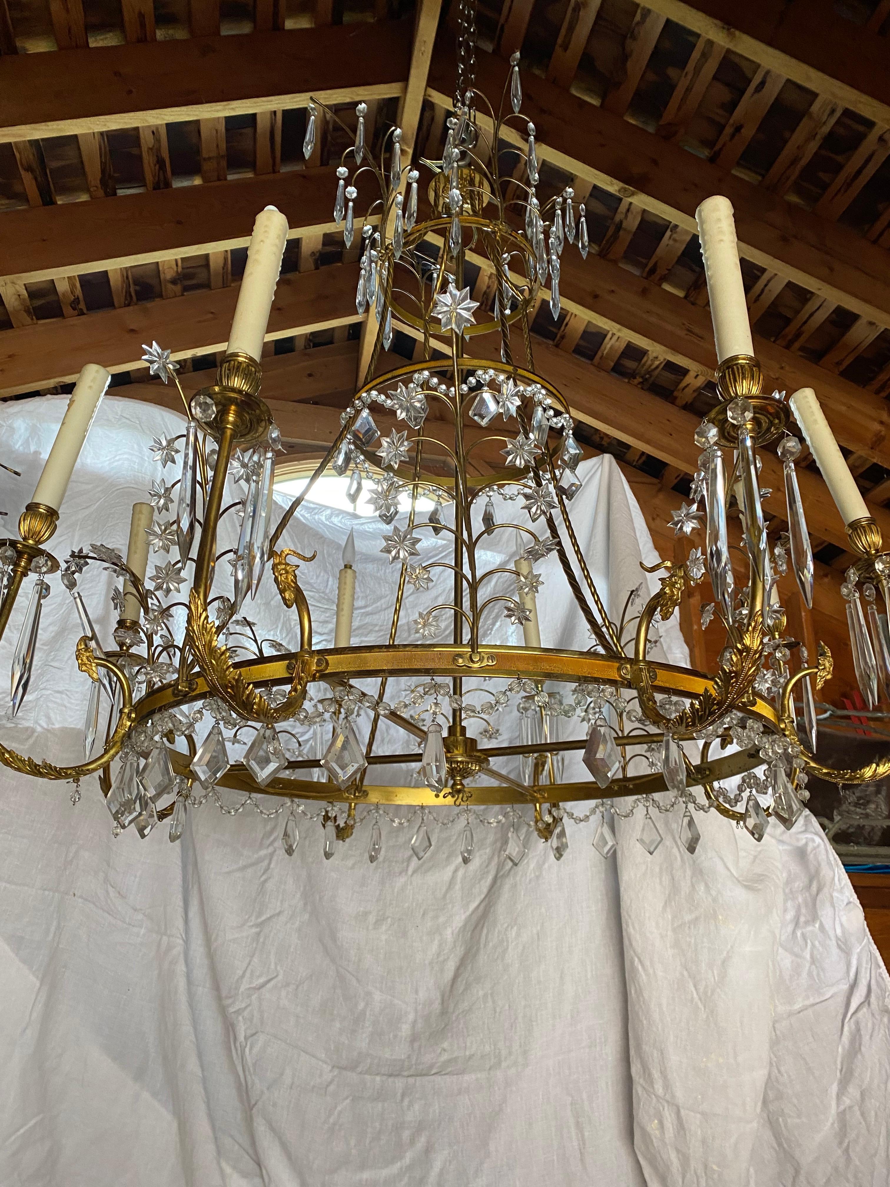 20th Century Early 20th C Baltic Russian Neoclassical Eight-Arm Brass & Crystal Chandelier For Sale