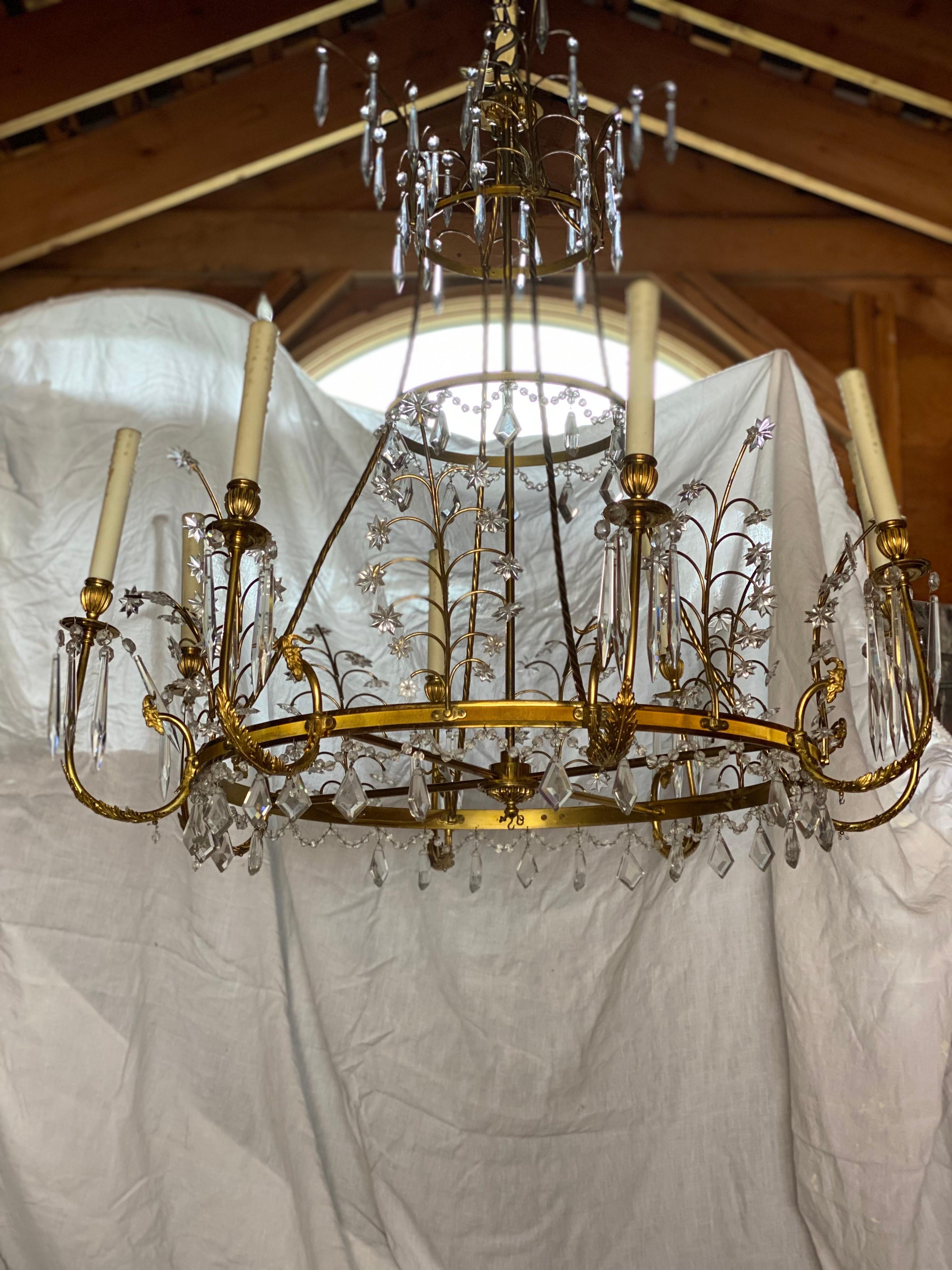 Early 20th C Baltic Russian Neoclassical Eight-Arm Brass & Crystal Chandelier For Sale 3