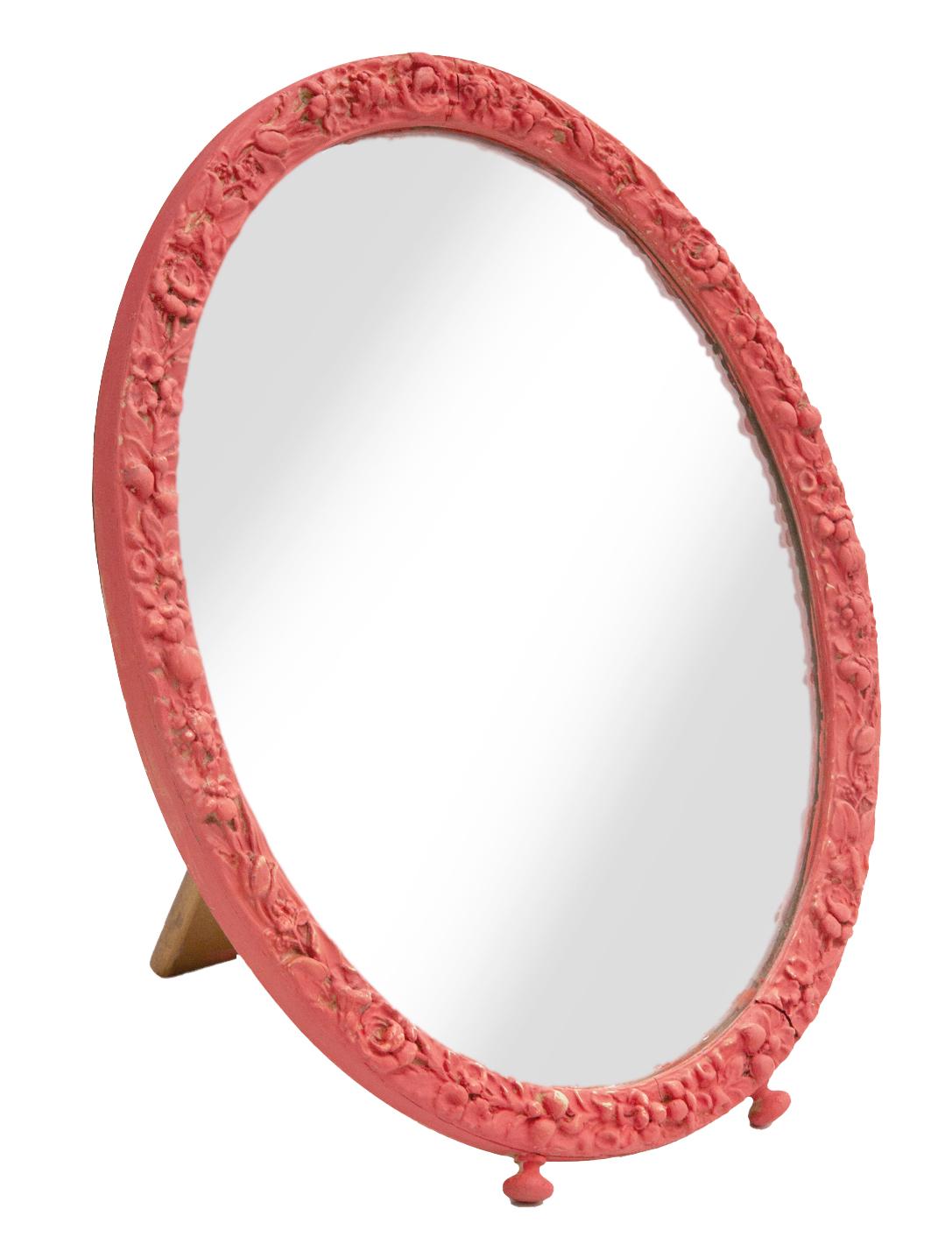 Earlt 20thC Englih Barbola ovalbtable mirror adornedvwitg flowers.
This rare B arbola piece retains its original backing & easel.
In excellent vintage condition. Original backing & easel is fully functional. A hook at the top allows for wall