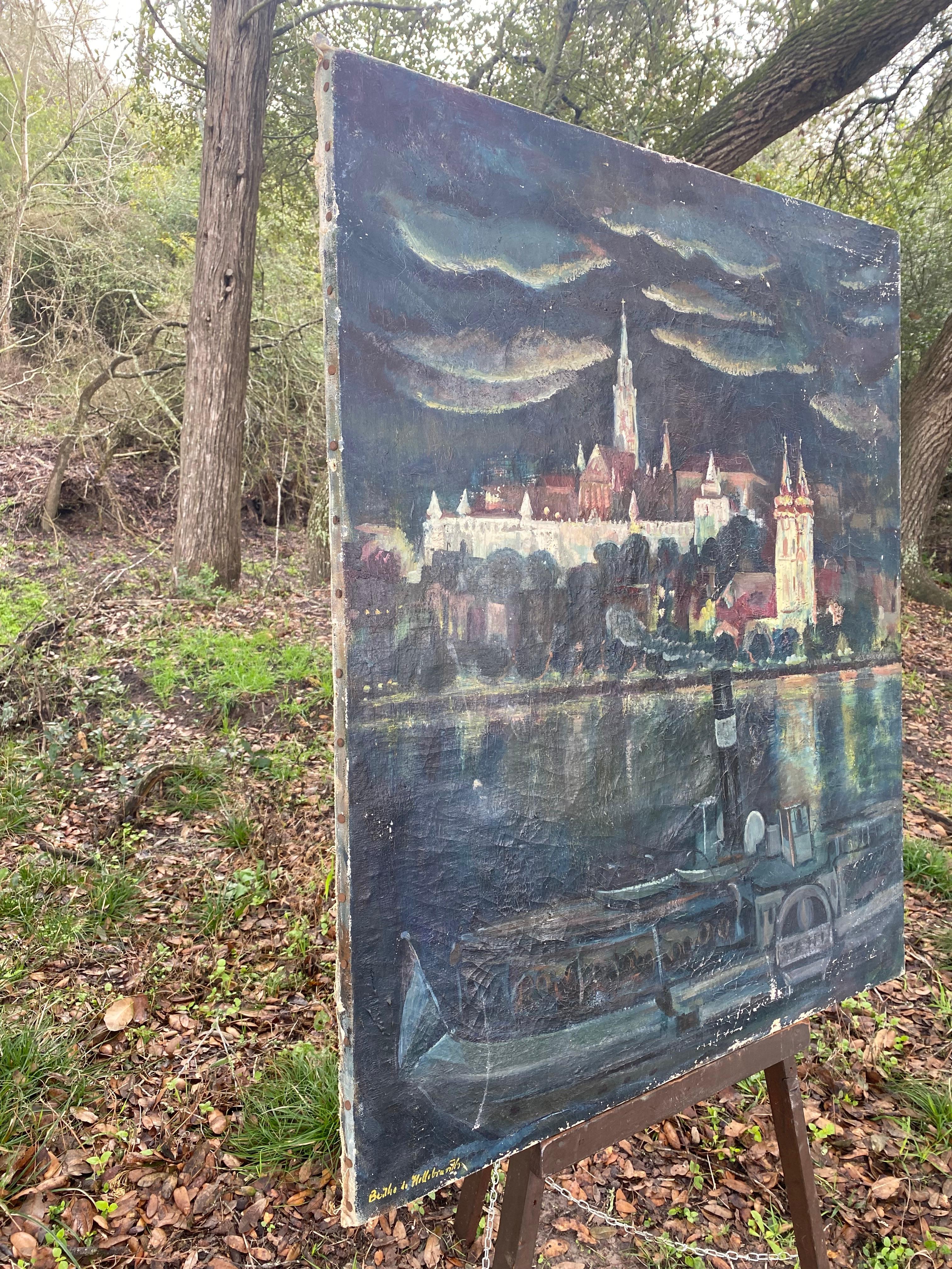 Early 20th c. Bertha De Hellebranth oil on canvas of Budapest castle. Signed lower right.   Heavy age wear to surface including craquelure and heavy edge wear. Very worn aesthetic that is only for those who appreciate an un-restored antique with