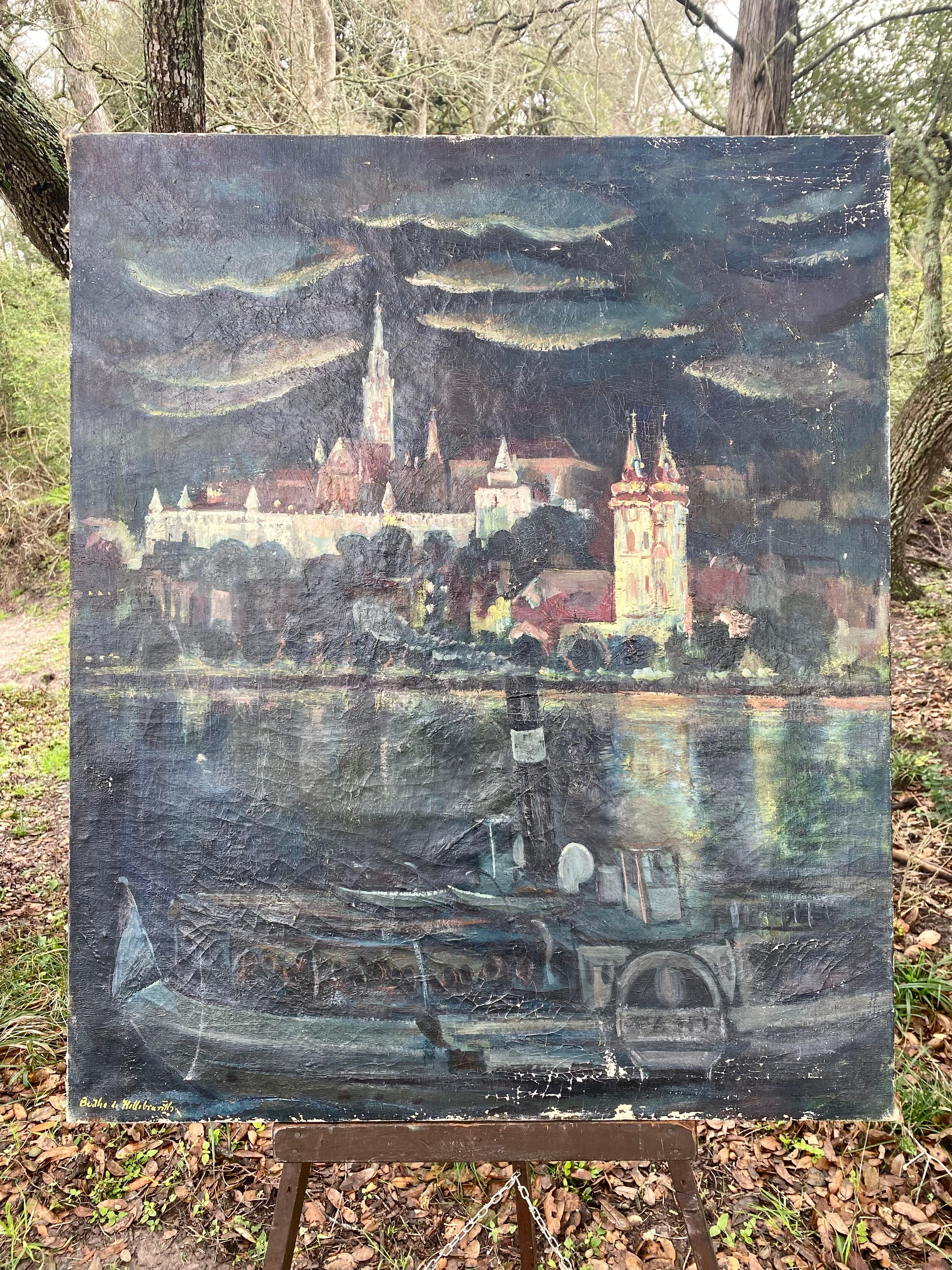 Art Deco Early 20th C. Bertha De Hellebranth Painting of Budapest Castle (Hungary) For Sale