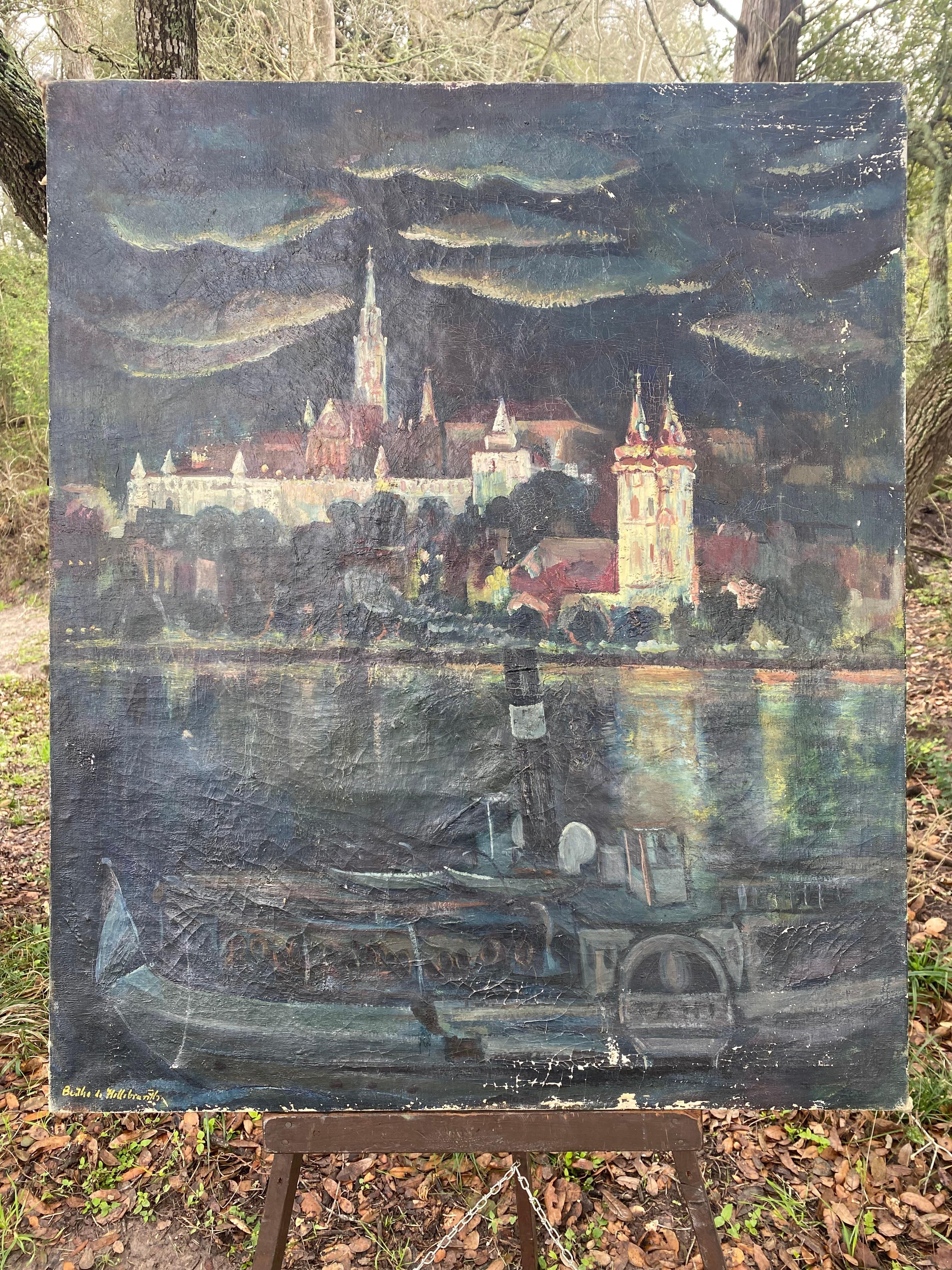 Hungarian Early 20th C. Bertha De Hellebranth Painting of Budapest Castle (Hungary) For Sale