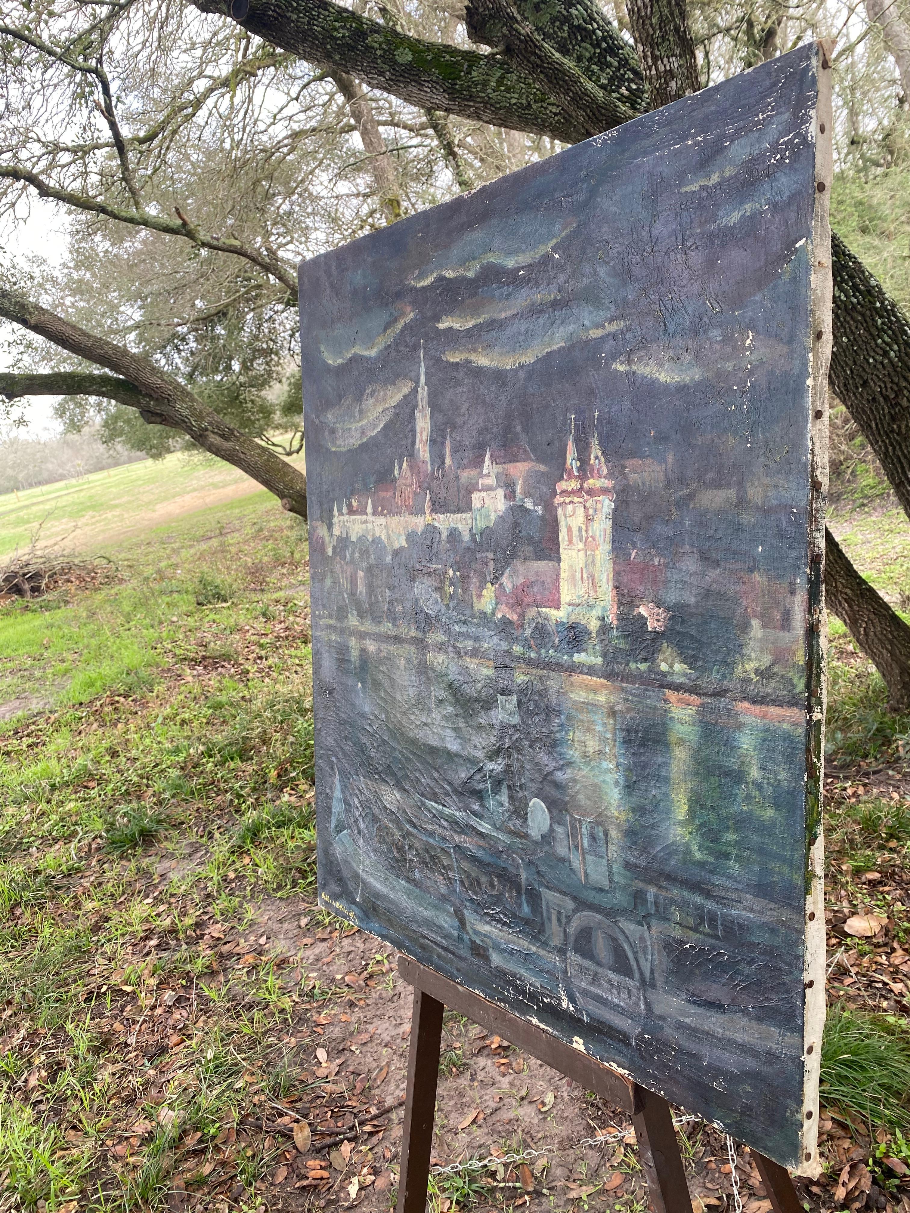 Early 20th C. Bertha De Hellebranth Painting of Budapest Castle (Hungary) In Distressed Condition For Sale In Round Top, TX
