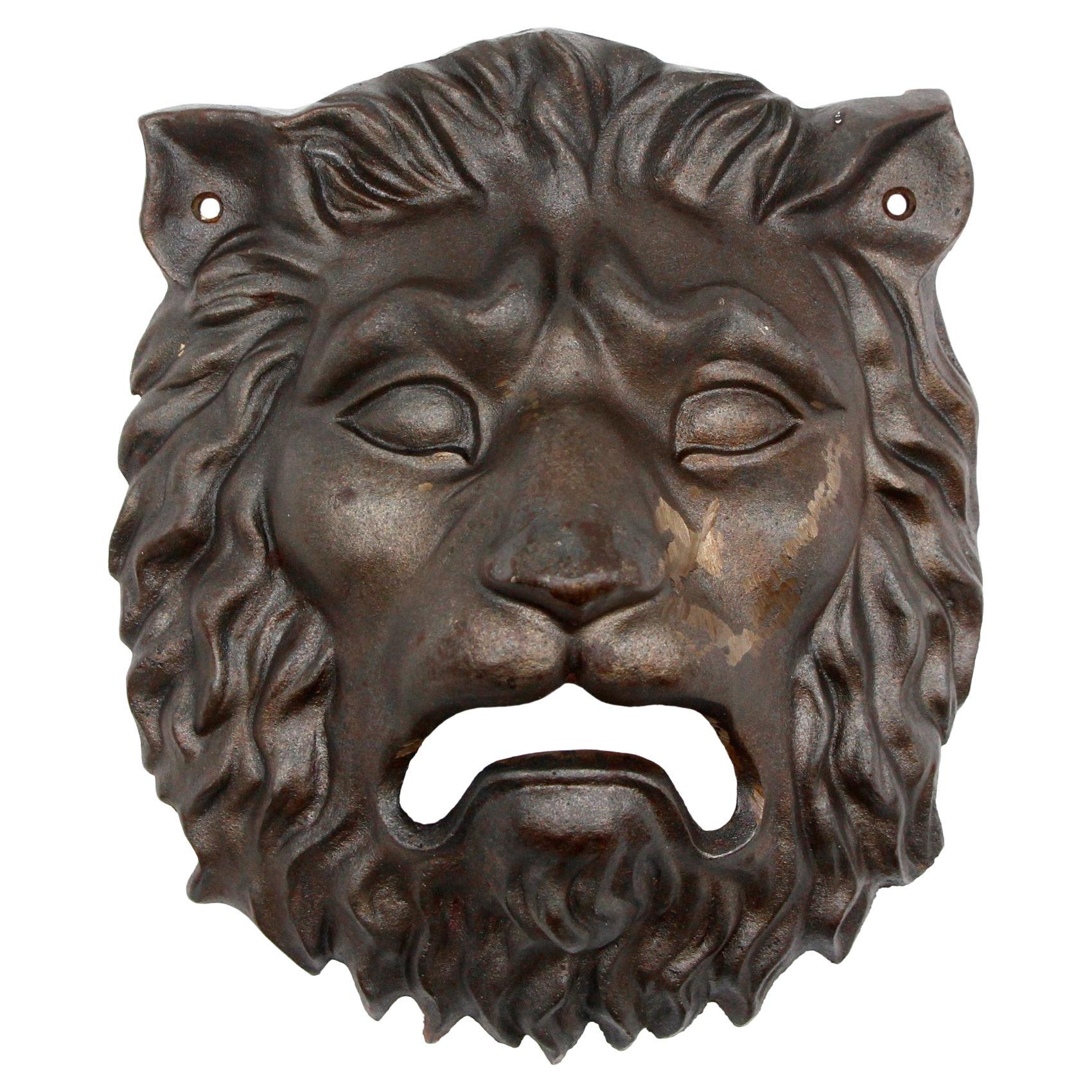 Early 20th C Black Cast Iron Roaring Lion Head Wall Mount For Sale