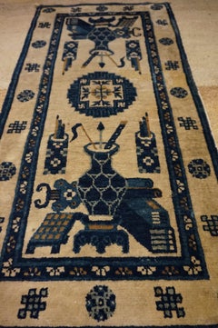 Early 20th C. Blue & White Chinese Rug Depicting Scholar's Brush Pots & Objects