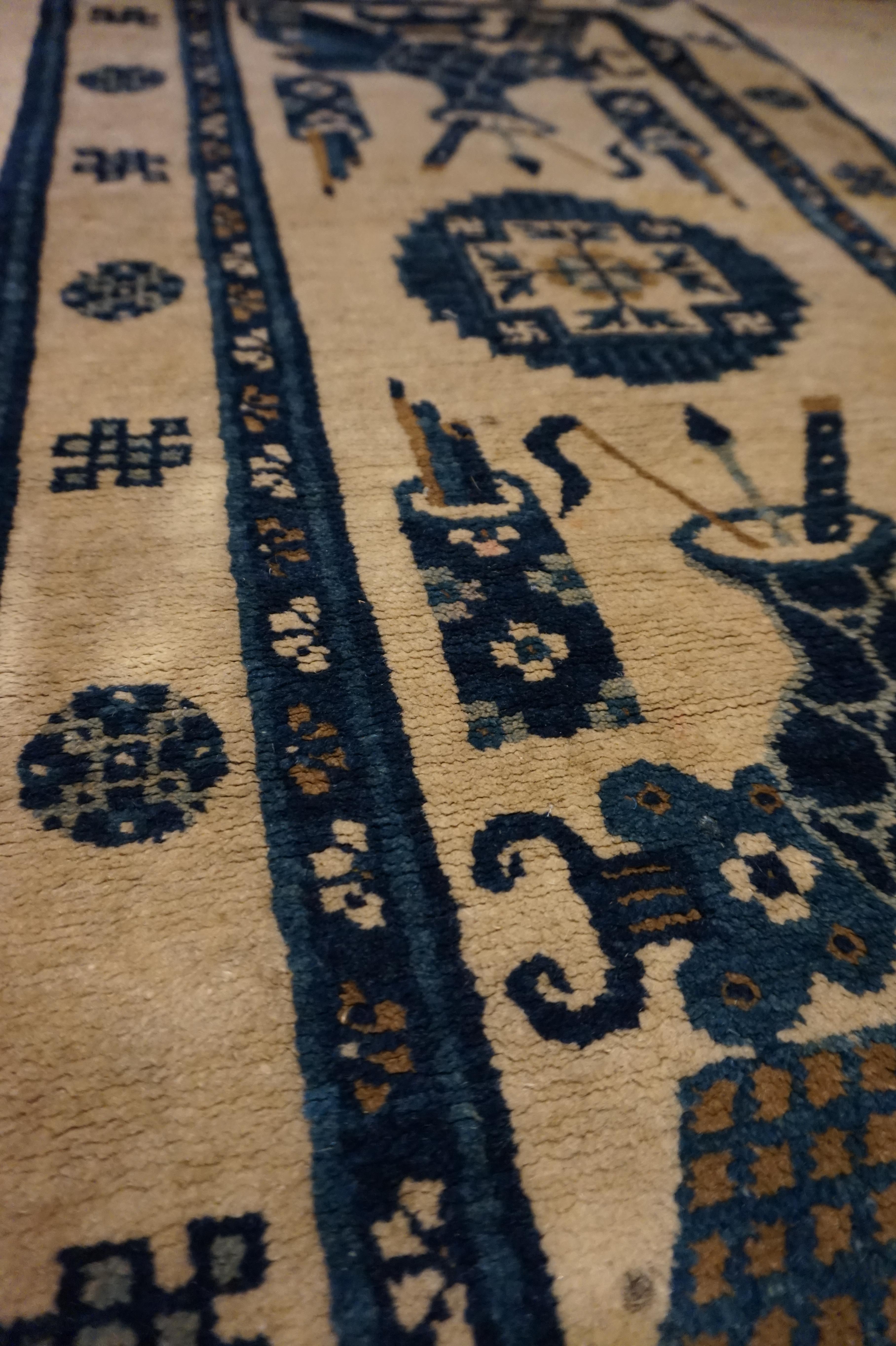 Chinese Export Early 20th C. Blue & White Chinese Rug Depicting Scholar's Brush Pots & Objects