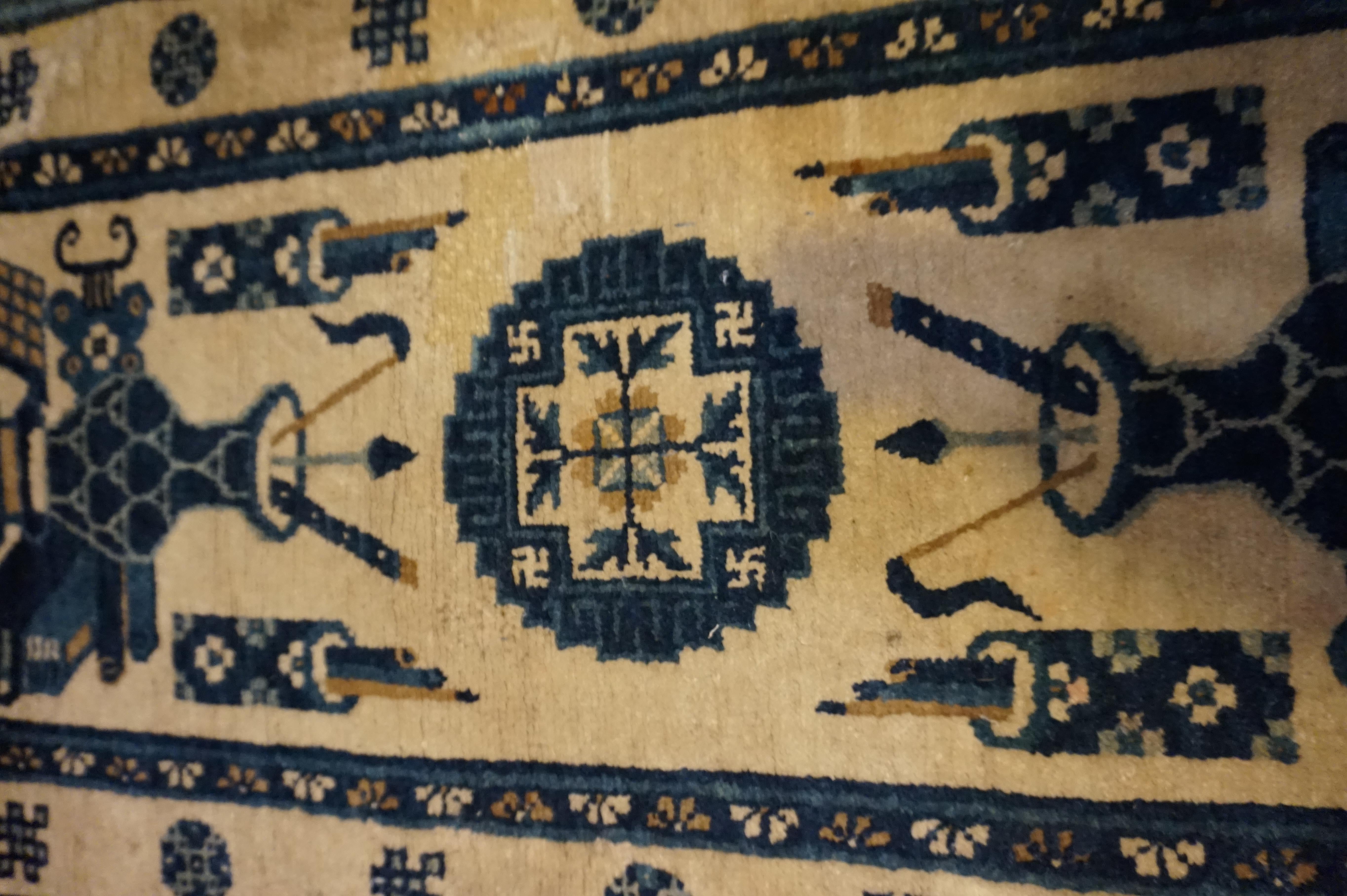 Hand-Knotted Early 20th C. Blue & White Chinese Rug Depicting Scholar's Brush Pots & Objects