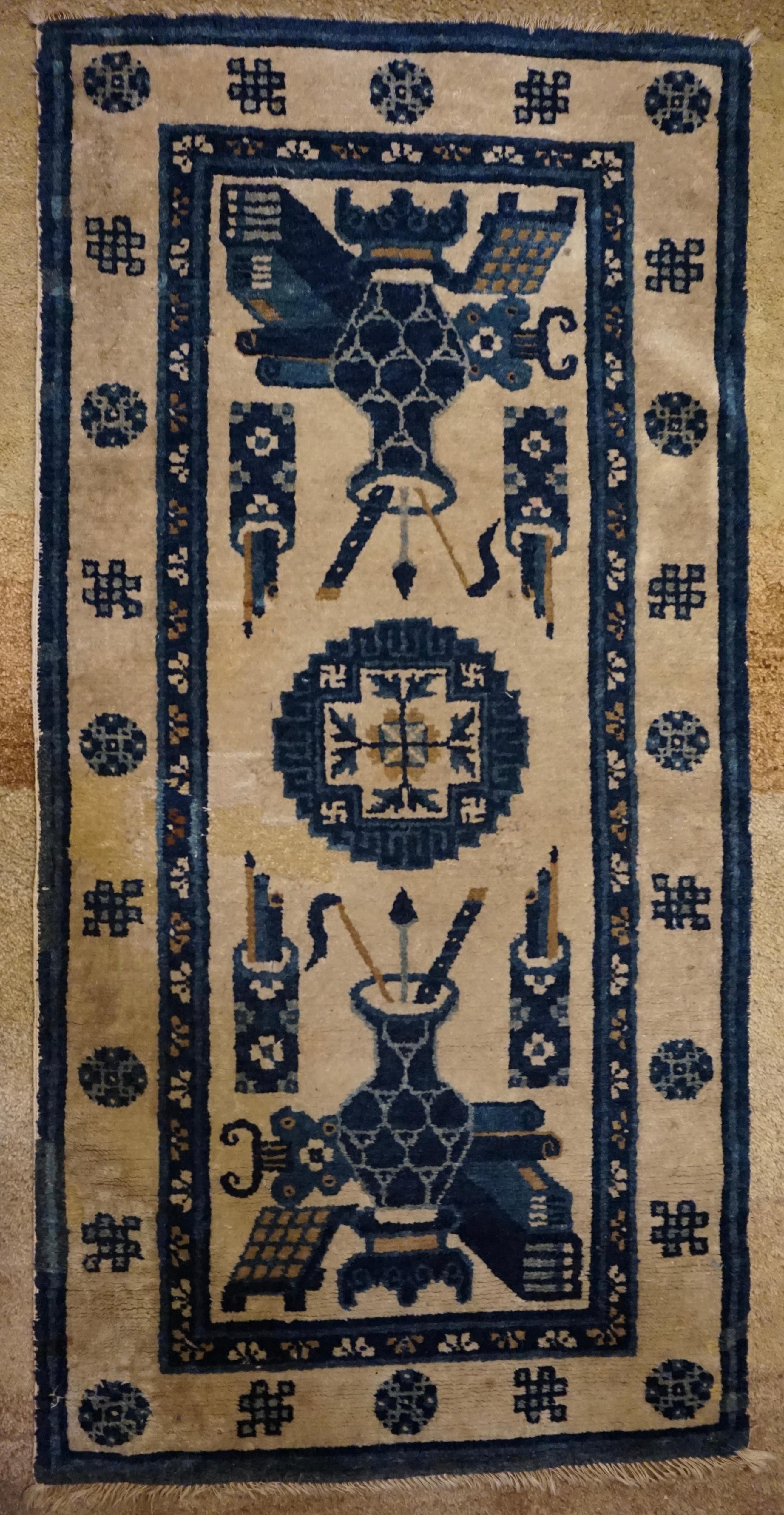 Early 20th Century Early 20th C. Blue & White Chinese Rug Depicting Scholar's Brush Pots & Objects