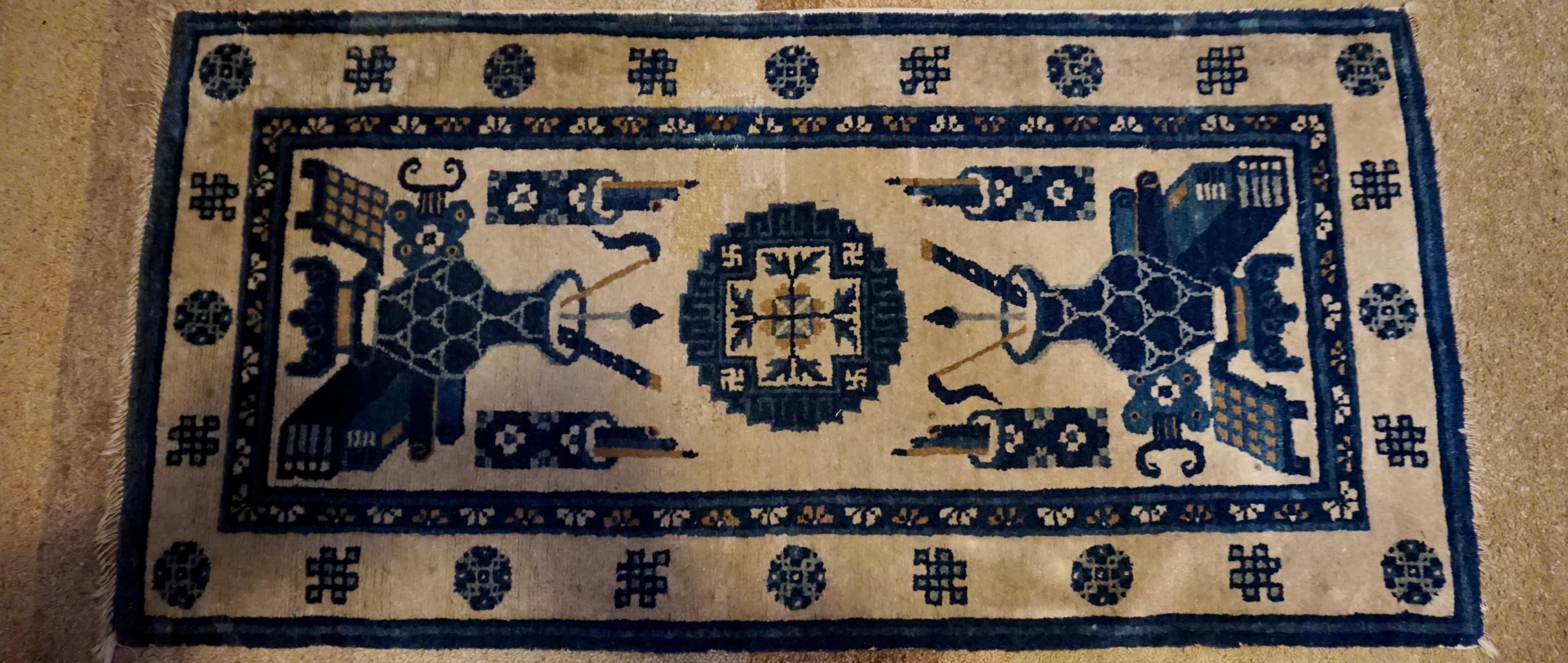 Wool Early 20th C. Blue & White Chinese Rug Depicting Scholar's Brush Pots & Objects