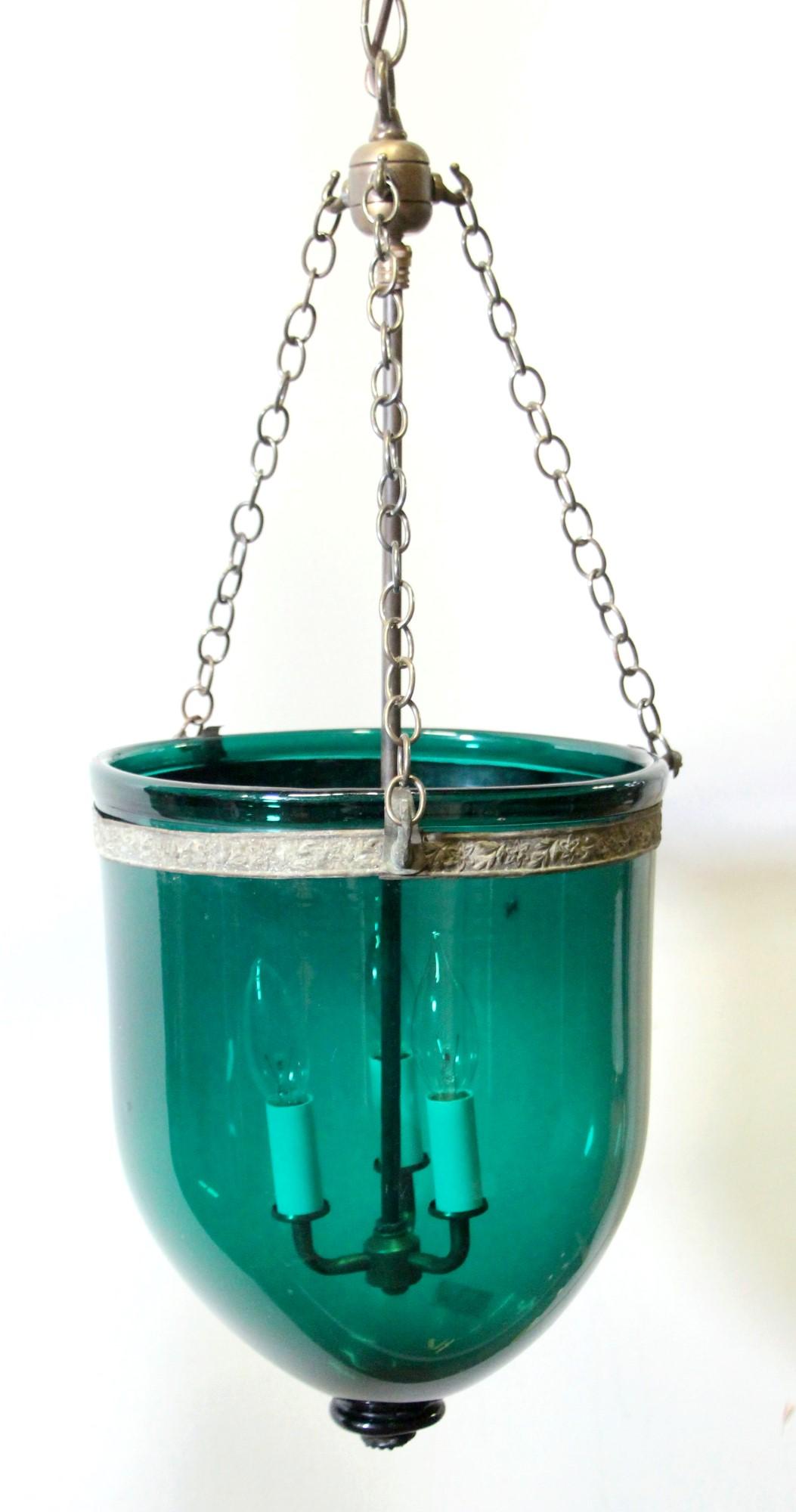 European Early 20th C Bluish Green Glass Bell Jar Light w Brass Hardware