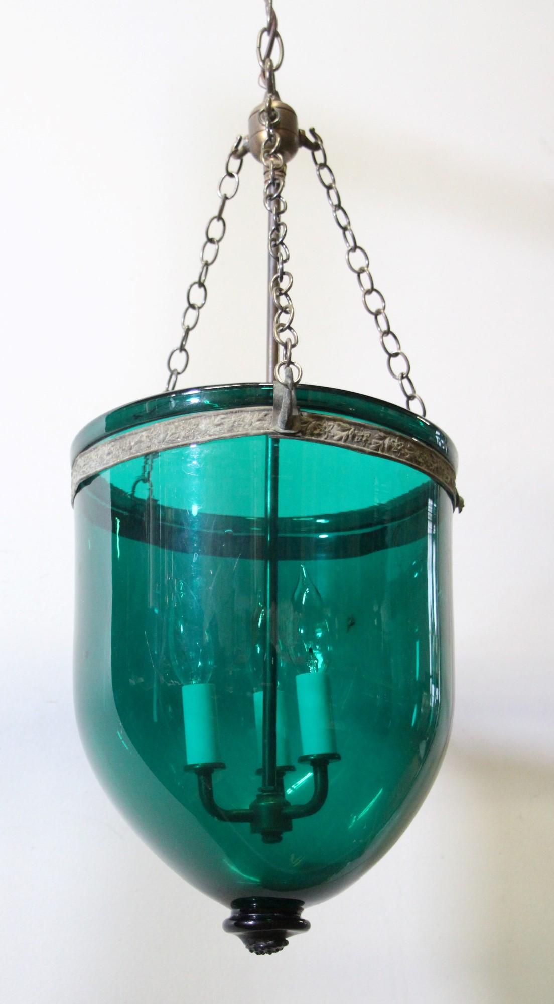 Early 20th C Bluish Green Glass Bell Jar Light w Brass Hardware In Good Condition In New York, NY