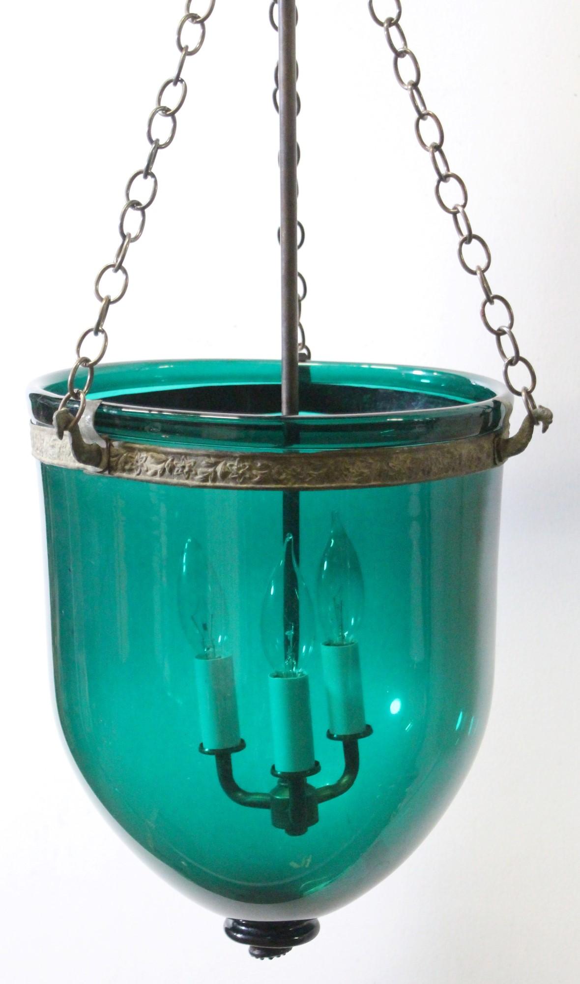 20th Century Early 20th C Bluish Green Glass Bell Jar Light w Brass Hardware