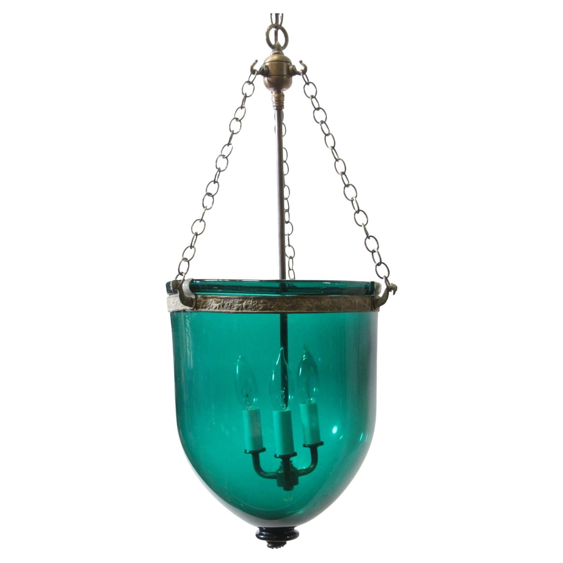 Early 20th C Bluish Green Glass Bell Jar Light w Brass Hardware