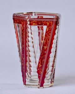 Early 20th C Bohemian Glass Vase with Cut to Red Detailed Design