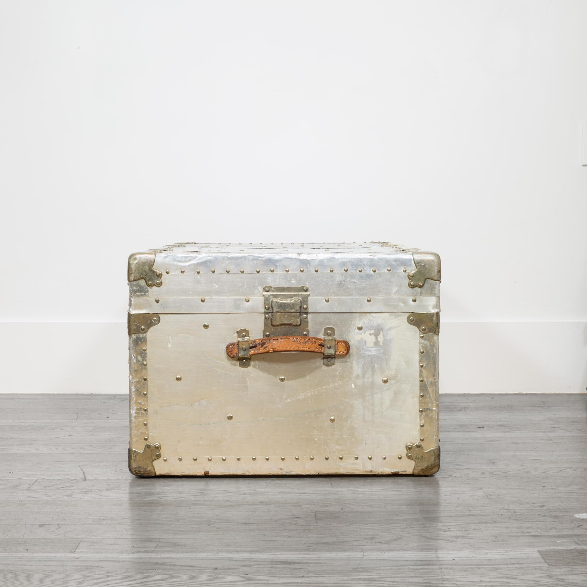 American Early 20th Century Brass and Polished Aluminum Trunk with Leather Handles