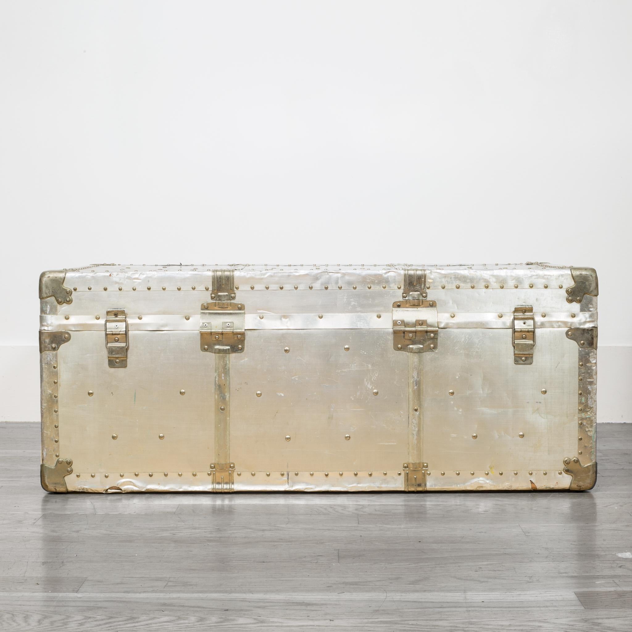 Early 20th Century Brass and Polished Aluminum Trunk with Leather Handles In Good Condition In San Francisco, CA