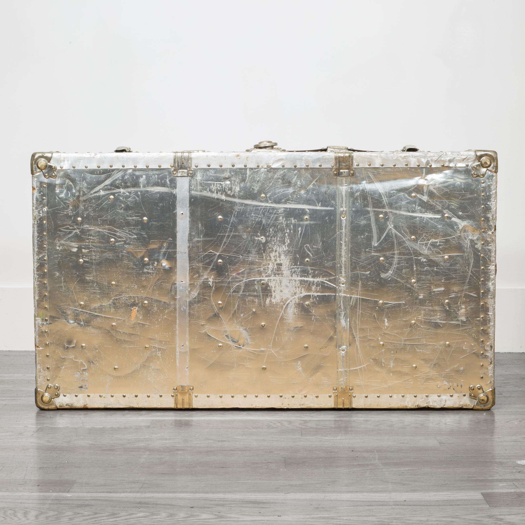 Early 20th Century Brass and Polished Aluminum Trunk with Leather Handles 2
