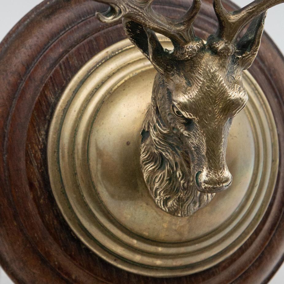 Bronze Early 20th Century Brass Deer Head Mounted on a Wooden Plaque