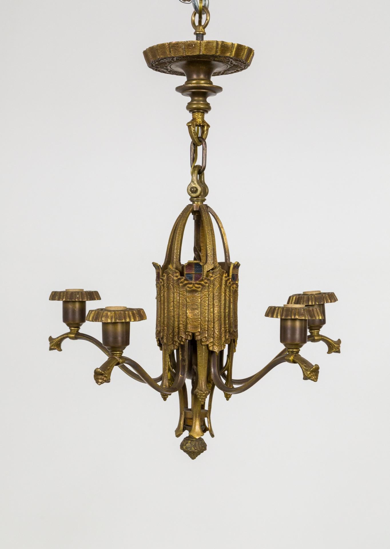 A Turn of the Century brass, brass, 5-light chandelier; original from the entry of a San Francisco Victorian home and newly refurbished. It has an Art Nouveau and Renaissance Revival look with a body of cast, folded fabric, grape accents, and a