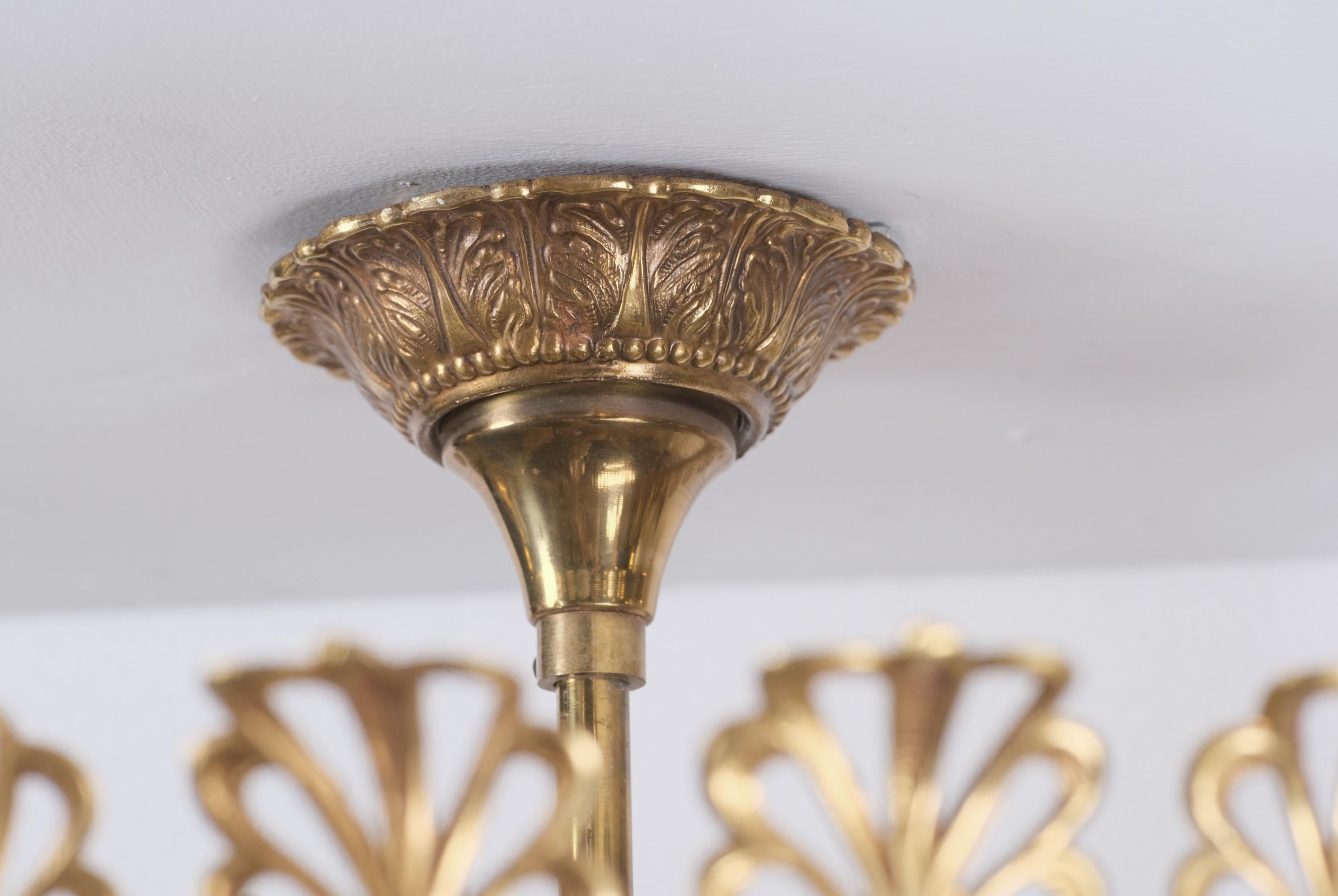 Early 20th Century Brass Semi Flush Mount Ceiling Light 6 Bulbs 3