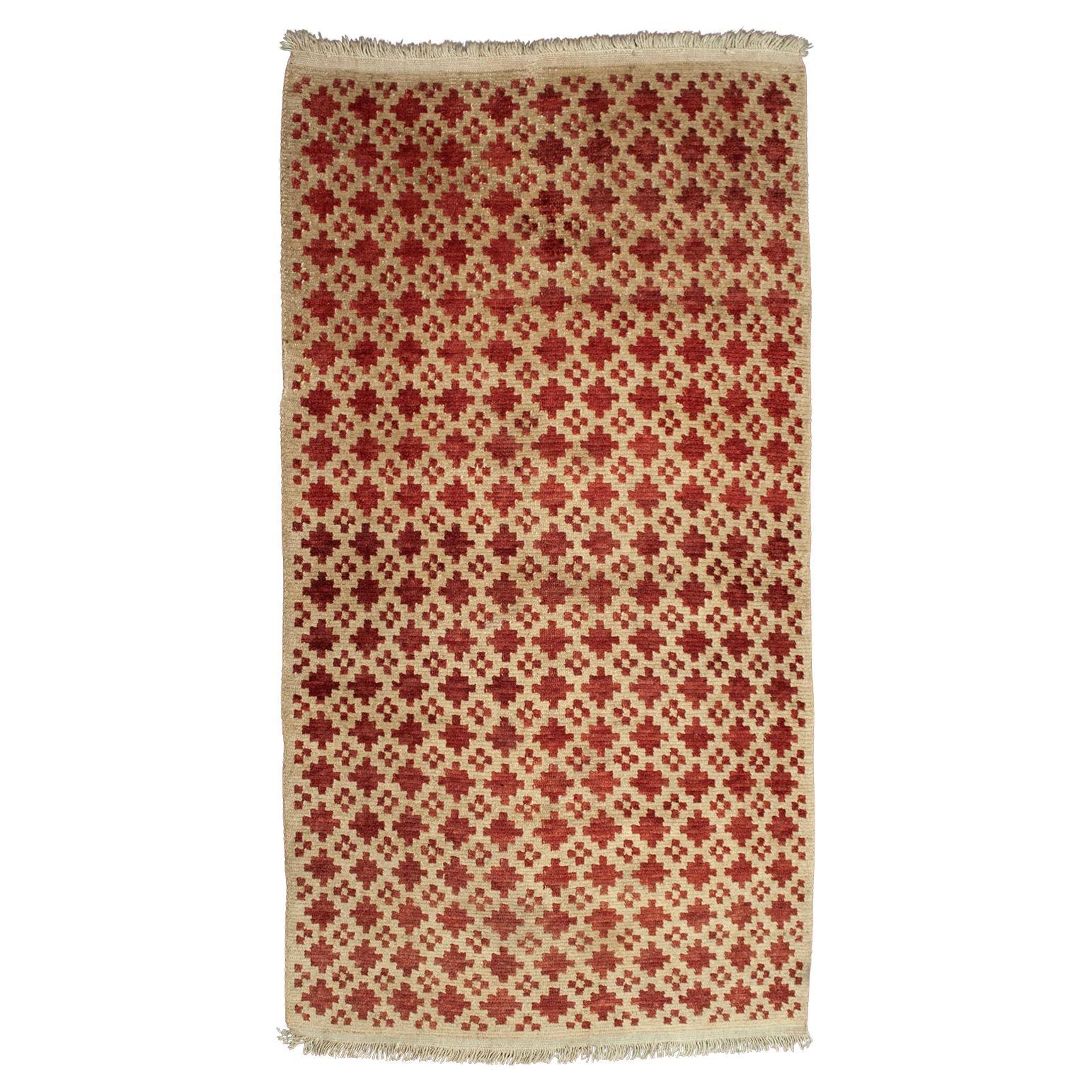 Early 20th C. Brick/Cream Stepped Polygon and Cross Ceremonial Carpet, Tibet