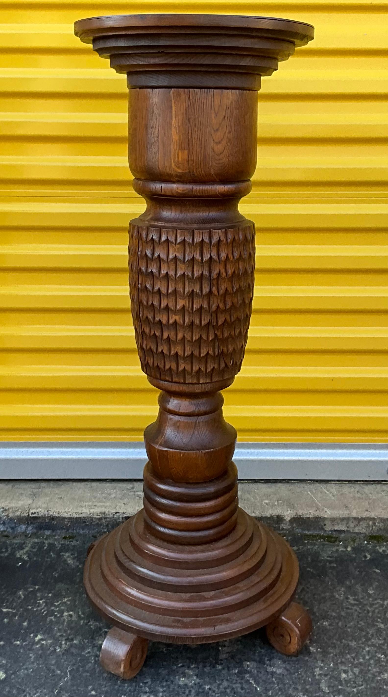 American Early 20th-C. British Colonial Style Carved Oak Pineapple Form Pedestals -Pair For Sale