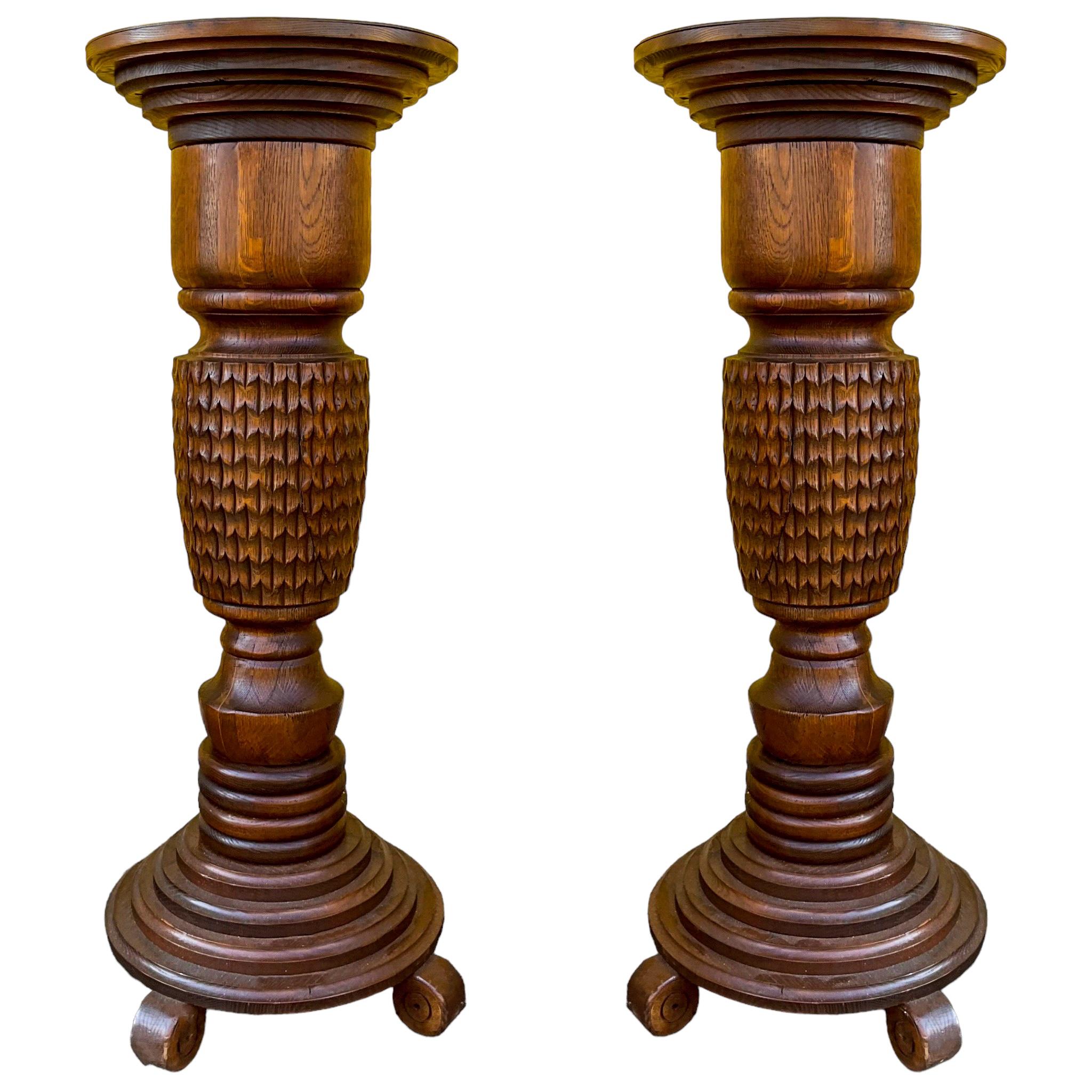 20th Century Early 20th-C. British Colonial Style Carved Oak Pineapple Form Pedestals -Pair For Sale