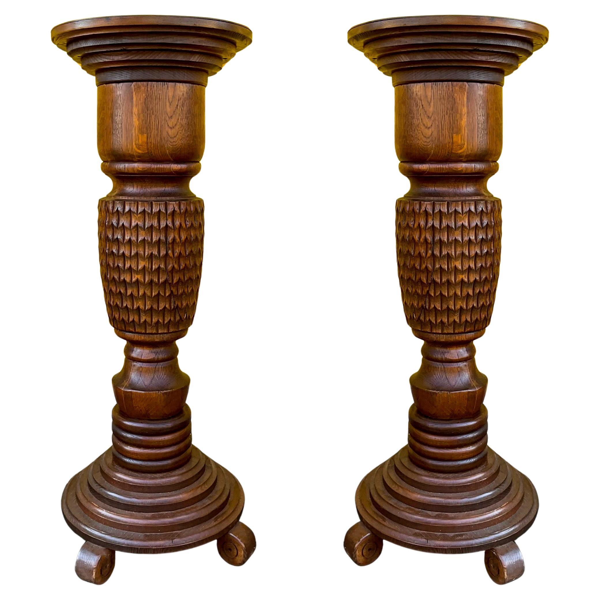 Early 20th-C. British Colonial Style Carved Oak Pineapple Form Pedestals -Pair For Sale