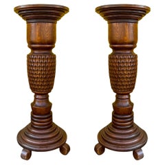 Antique Early 20th-C. British Colonial Style Carved Oak Pineapple Form Pedestals -Pair
