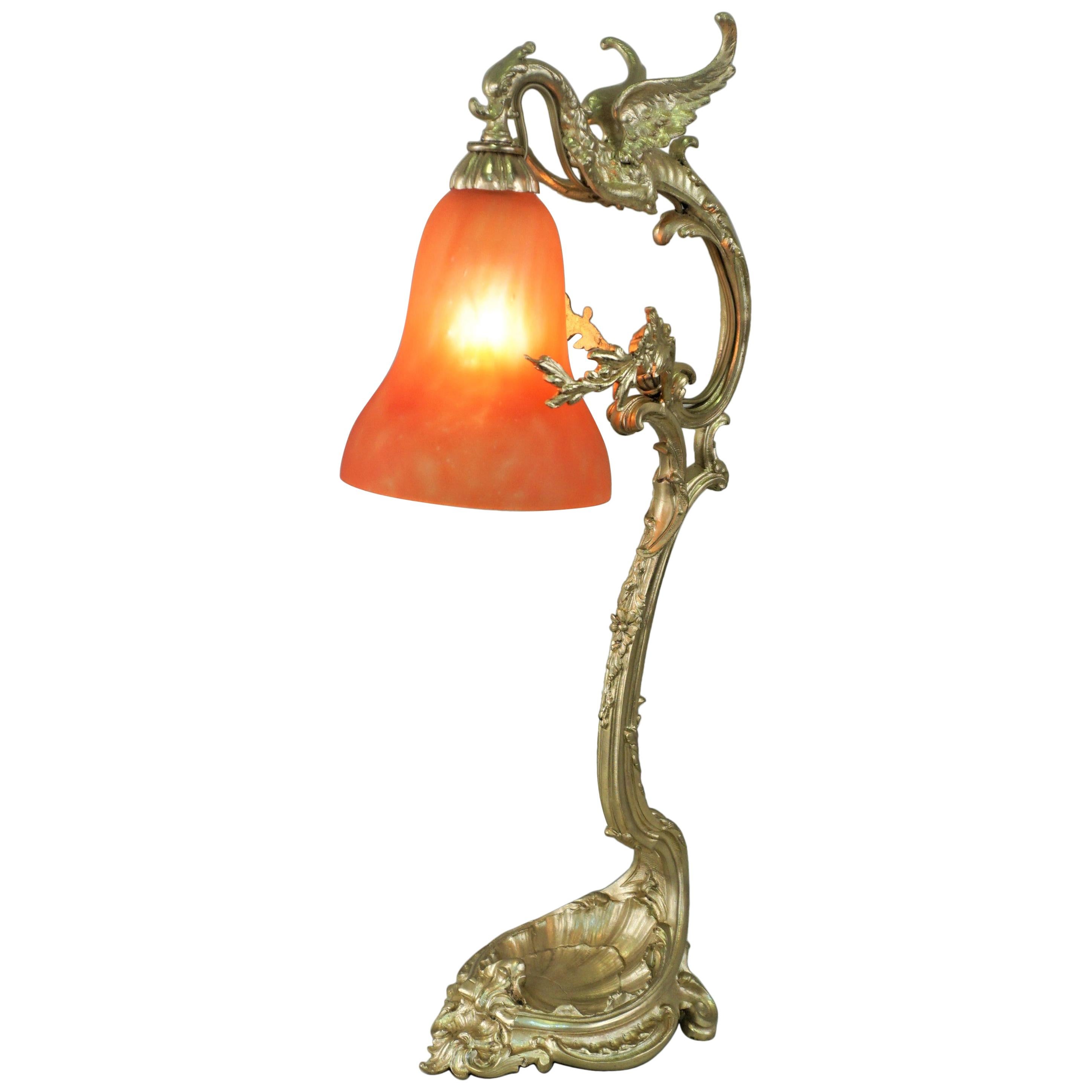 Early 20th Century Bronze and Art Glass Shade Table Lamp