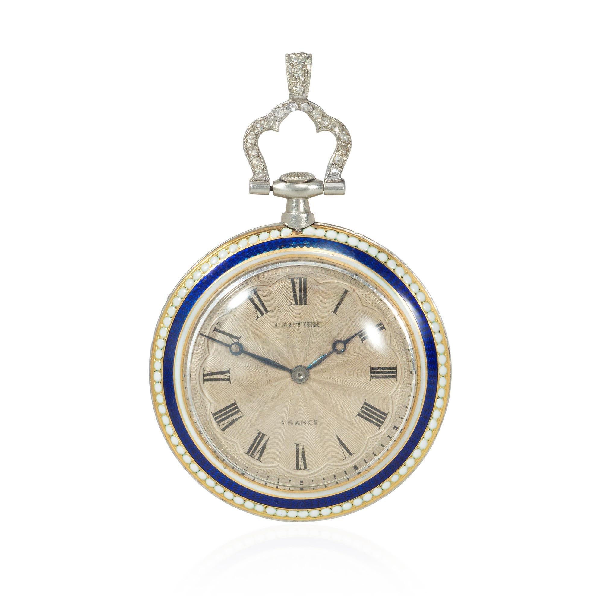 Edwardian Early 20th C. Cartier Blue and White Enamel and Rose Diamond Watch Pendant For Sale