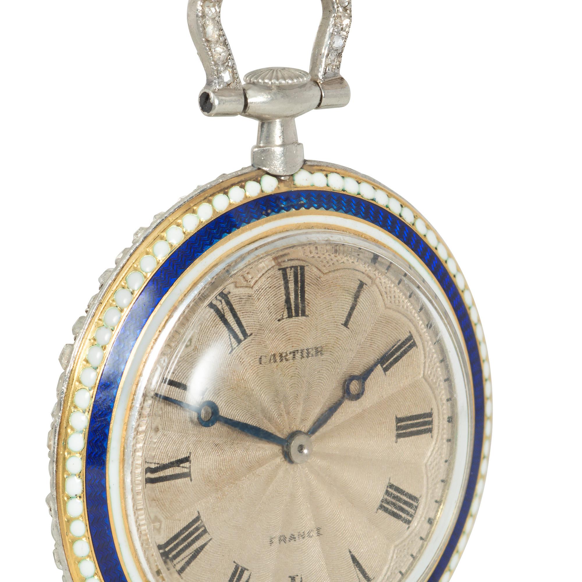 Rose Cut Early 20th C. Cartier Blue and White Enamel and Rose Diamond Watch Pendant For Sale