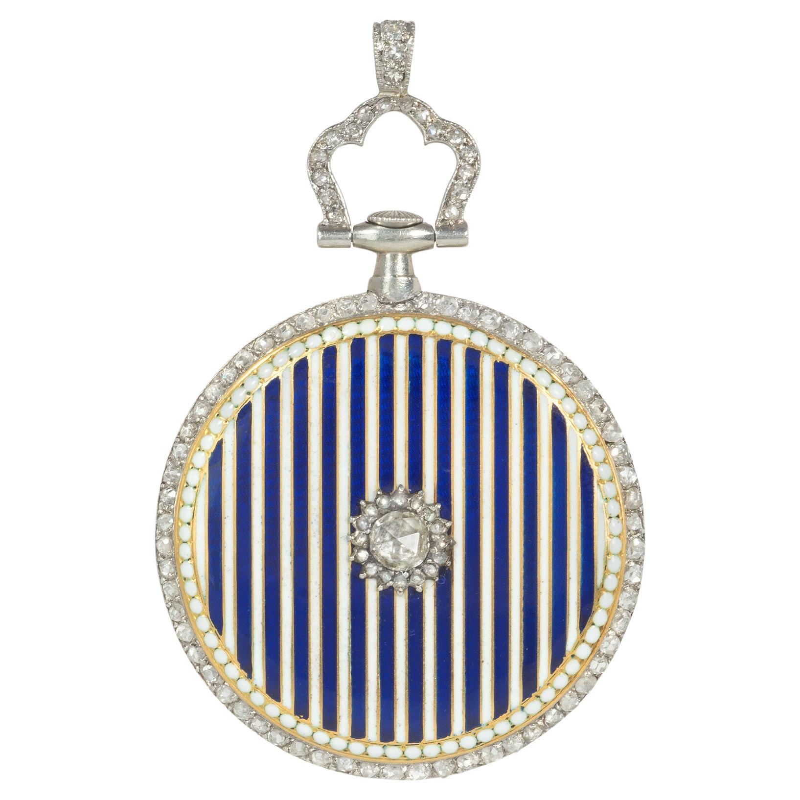Early 20th C. Cartier Blue and White Enamel and Rose Diamond Watch Pendant For Sale