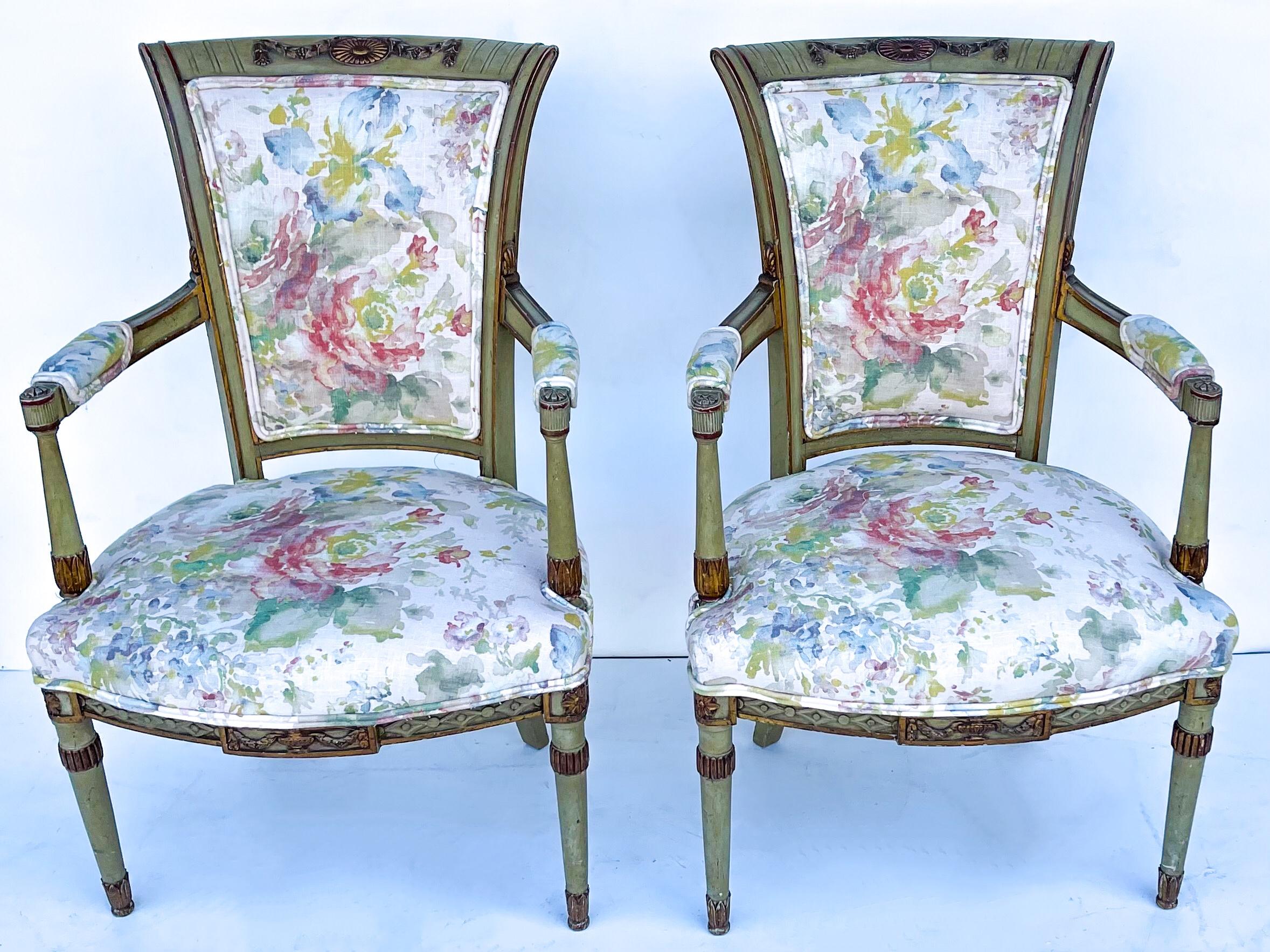 Early 20th C Carved and Painted French Directoire Style Chairs in Linen, Pair In Good Condition For Sale In Kennesaw, GA