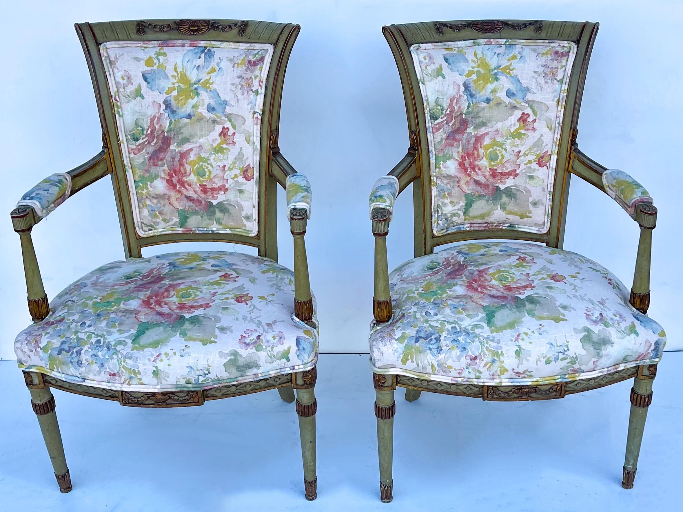 Early 20th C Carved and Painted French Directoire Style Chairs in Linen, Pair For Sale 1