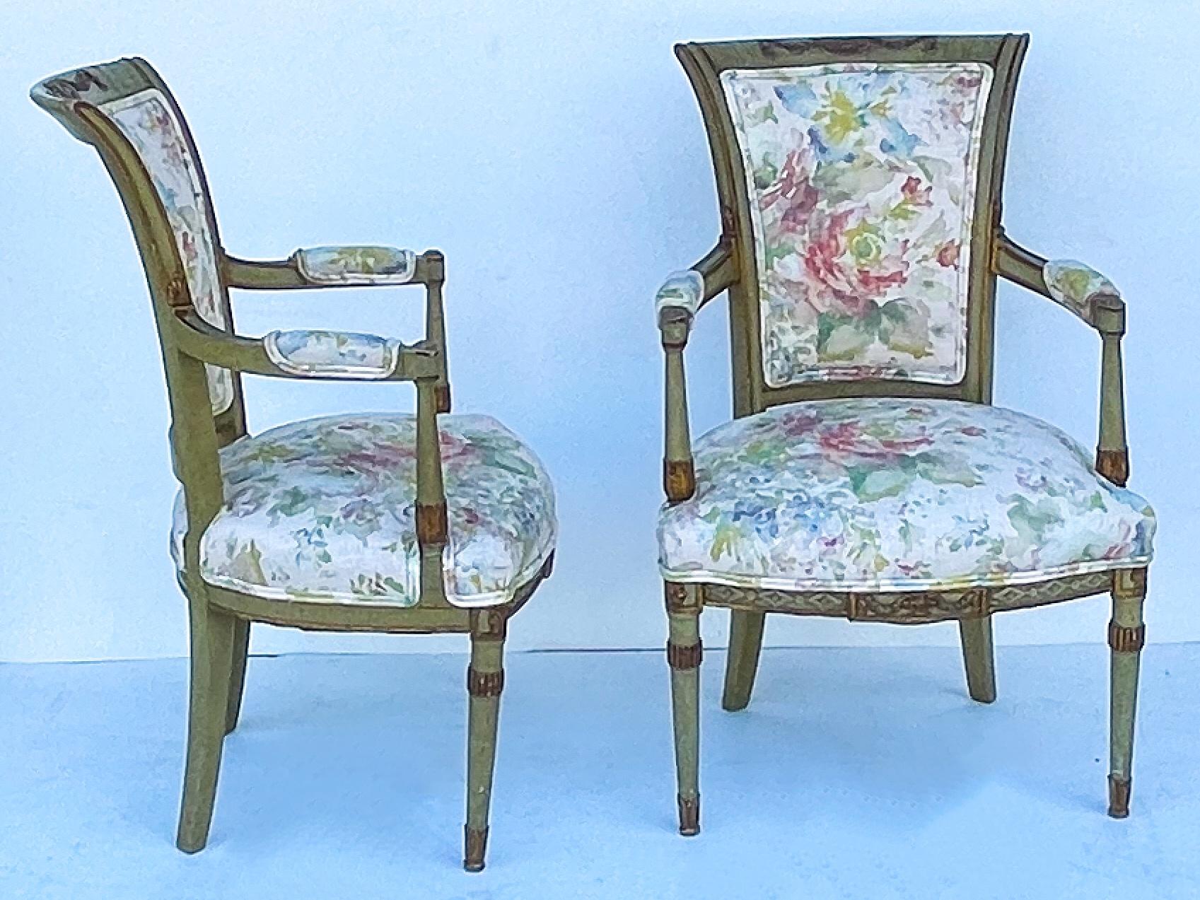 Early 20th C Carved and Painted French Directoire Style Chairs in Linen, Pair For Sale 2