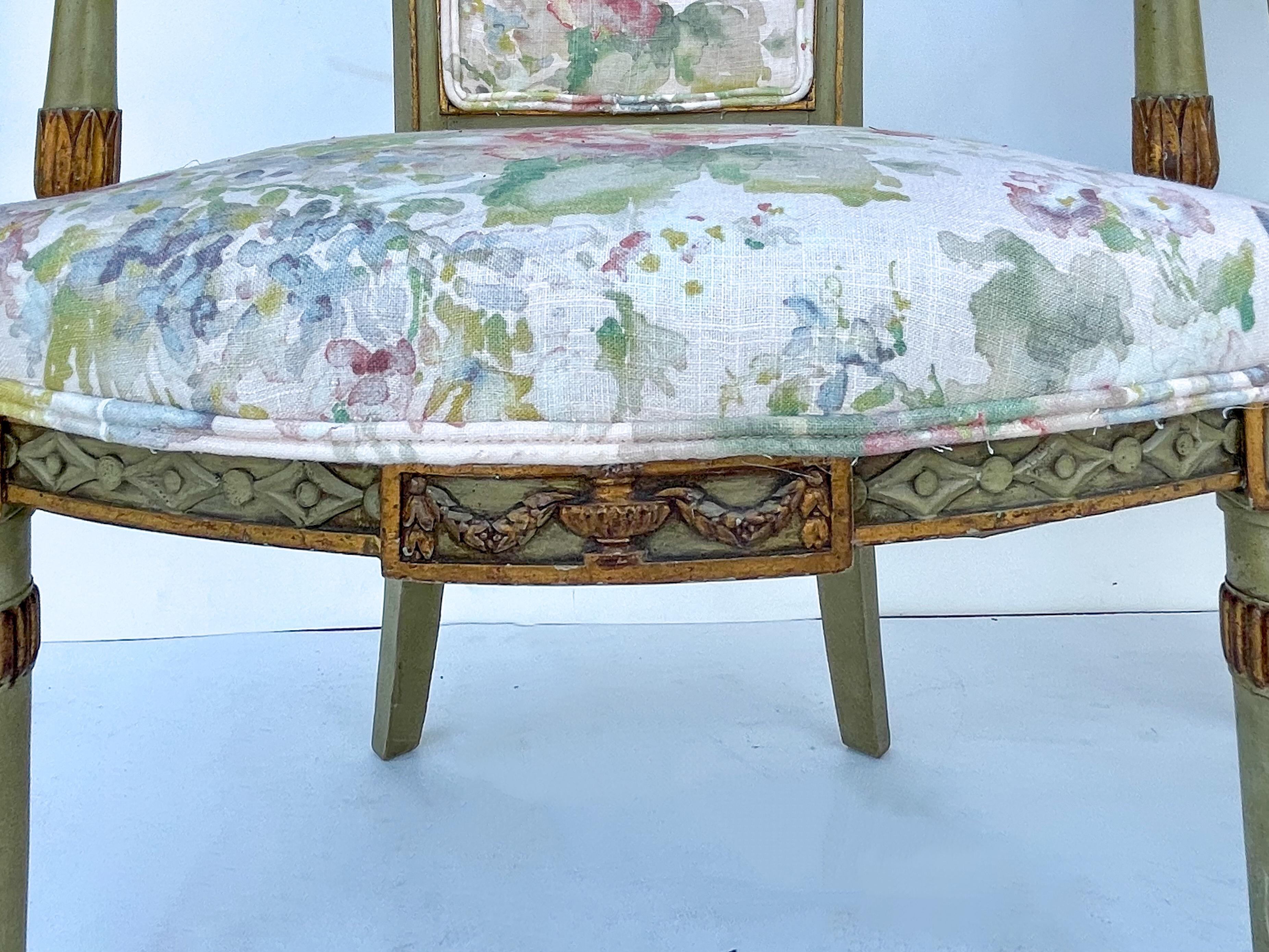 Early 20th C Carved and Painted French Directoire Style Chairs in Linen, Pair For Sale 3