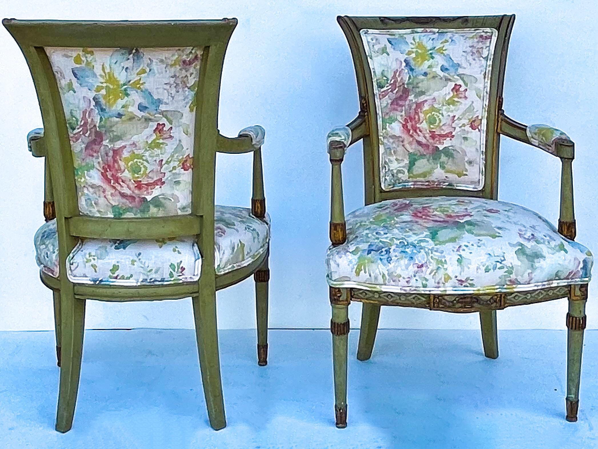 Early 20th C Carved and Painted French Directoire Style Chairs in Linen, Pair For Sale 4