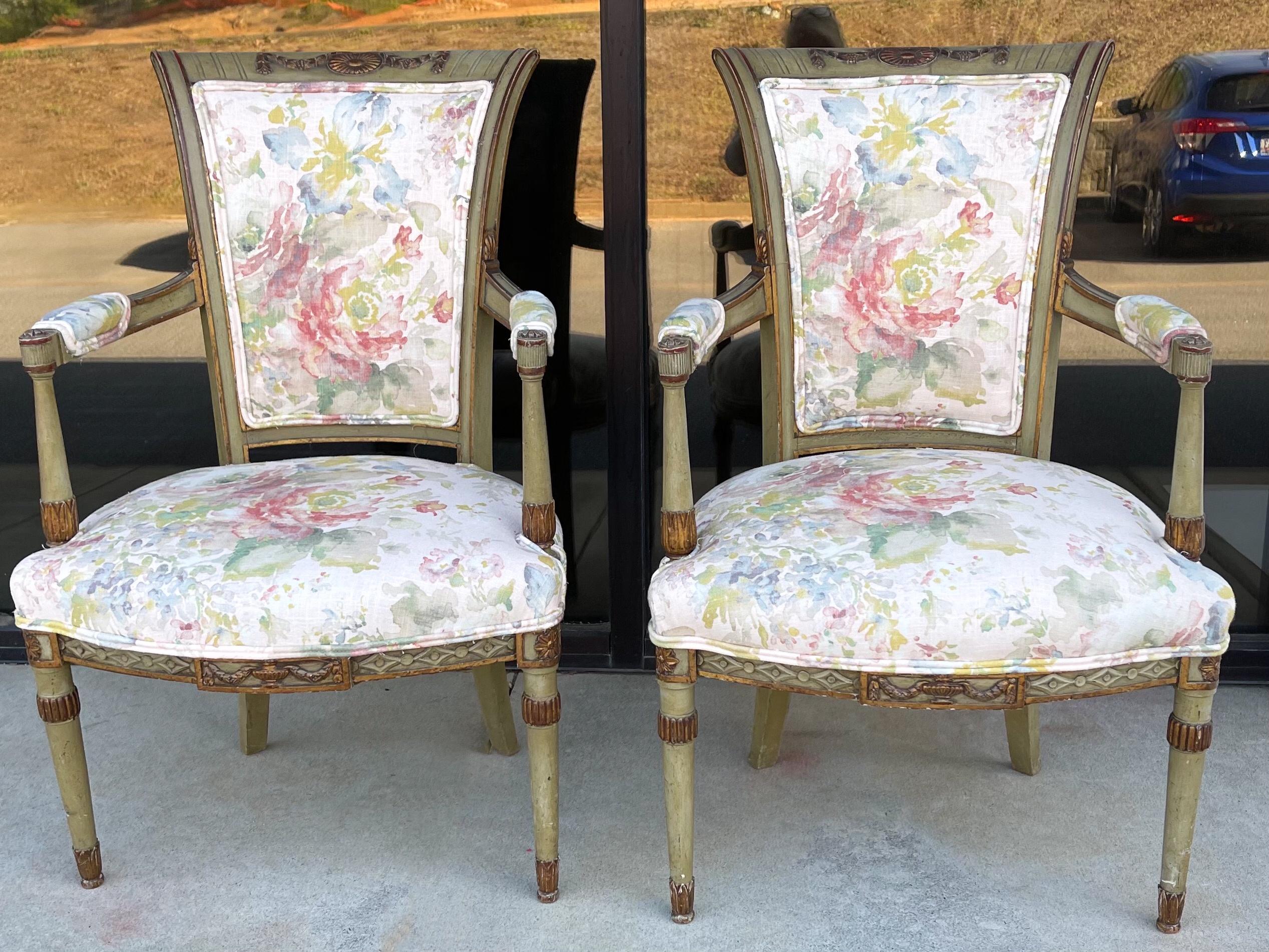 Early 20th C Carved and Painted French Directoire Style Chairs in Linen, Pair For Sale 5
