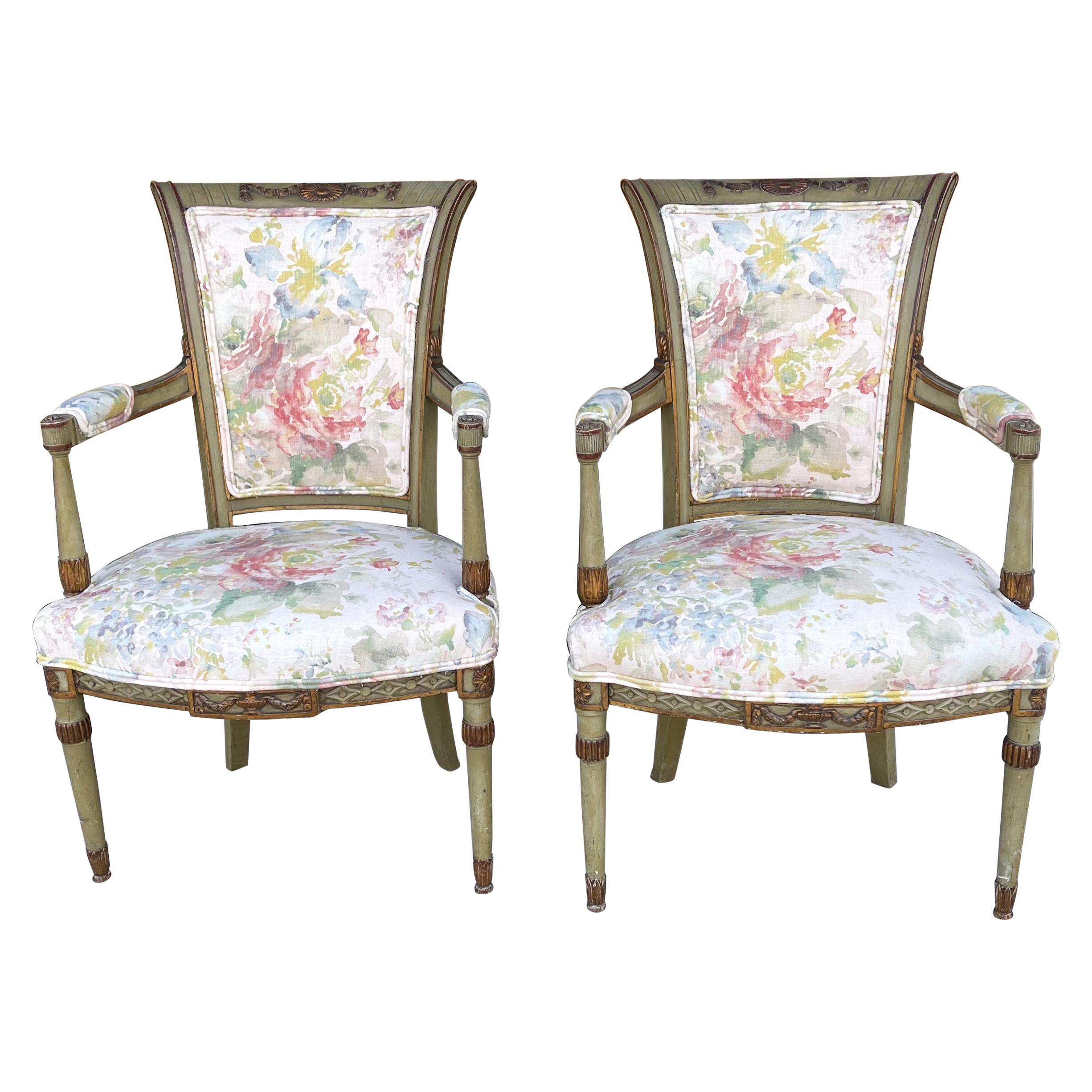 Early 20th C Carved and Painted French Directoire Style Chairs in Linen, Pair For Sale