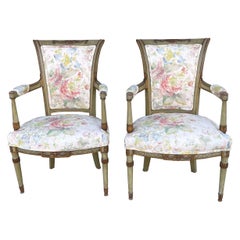 Early 20th C Carved and Painted French Directoire Style Chairs in Linen, Pair