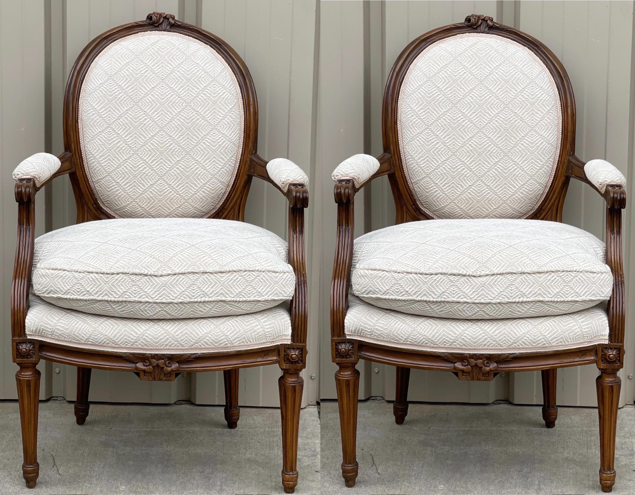 Early 20th-C. Carved Fruitwood French Louis XVI Style Bergere Chairs, Pair 2