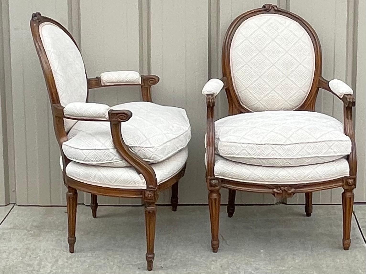 Early 20th-C. Carved Fruitwood French Louis XVI Style Bergere Chairs, Pair In Good Condition In Kennesaw, GA