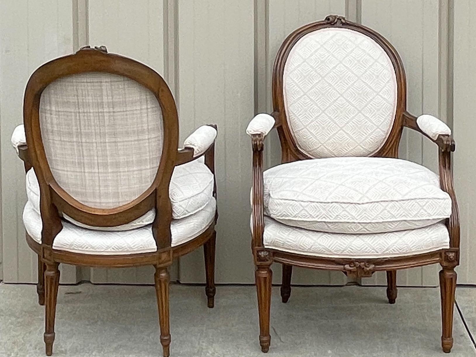 20th Century Early 20th-C. Carved Fruitwood French Louis XVI Style Bergere Chairs, Pair