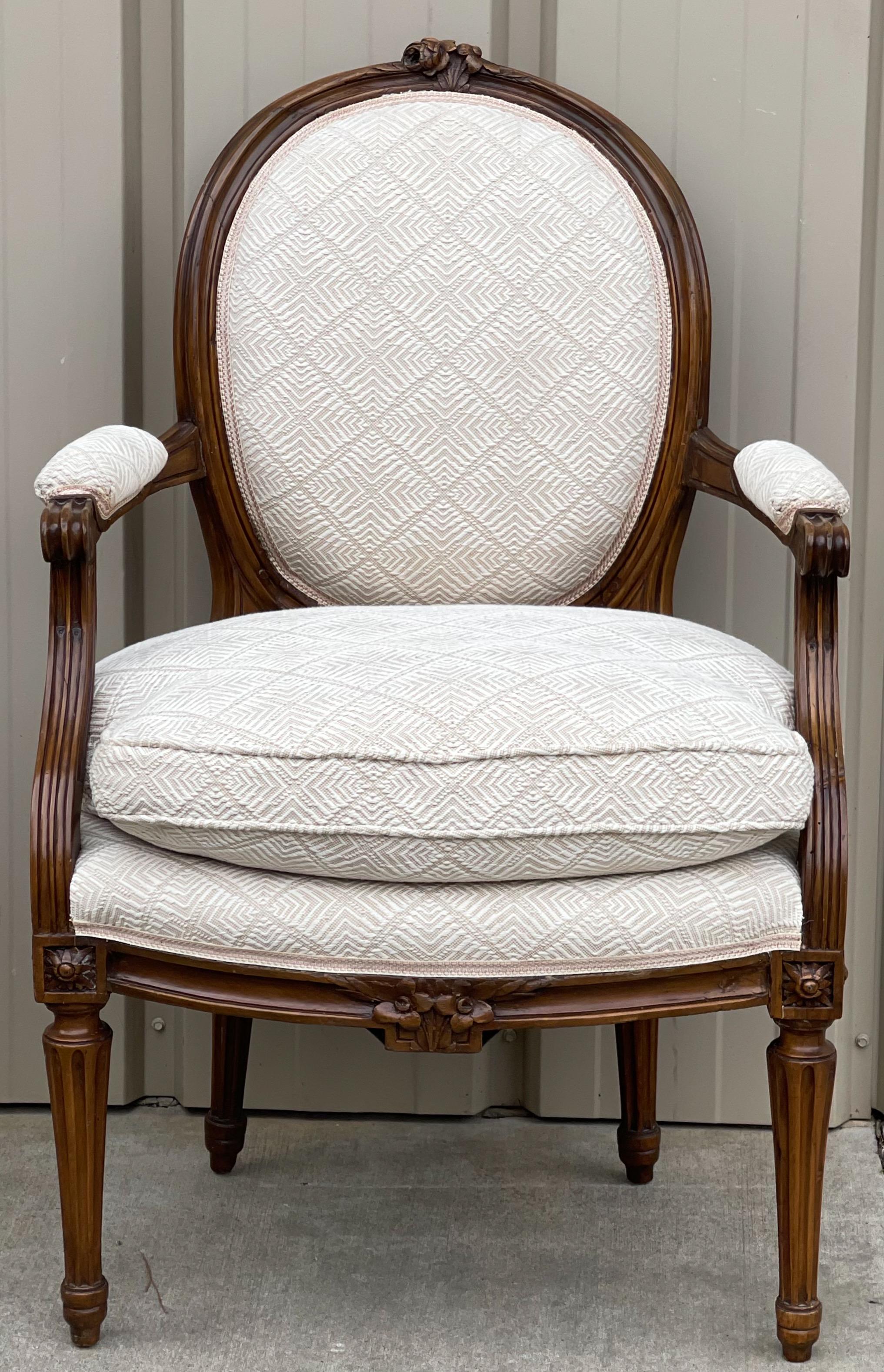 Upholstery Early 20th-C. Carved Fruitwood French Louis XVI Style Bergere Chairs, Pair