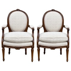 Early 20th-C. Carved Fruitwood French Louis XVI Style Bergere Chairs, Pair