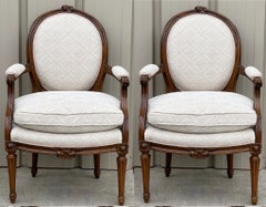 Early 20th-C. Carved Fruitwood French Louis XVI Style Bergere Chairs, Pair