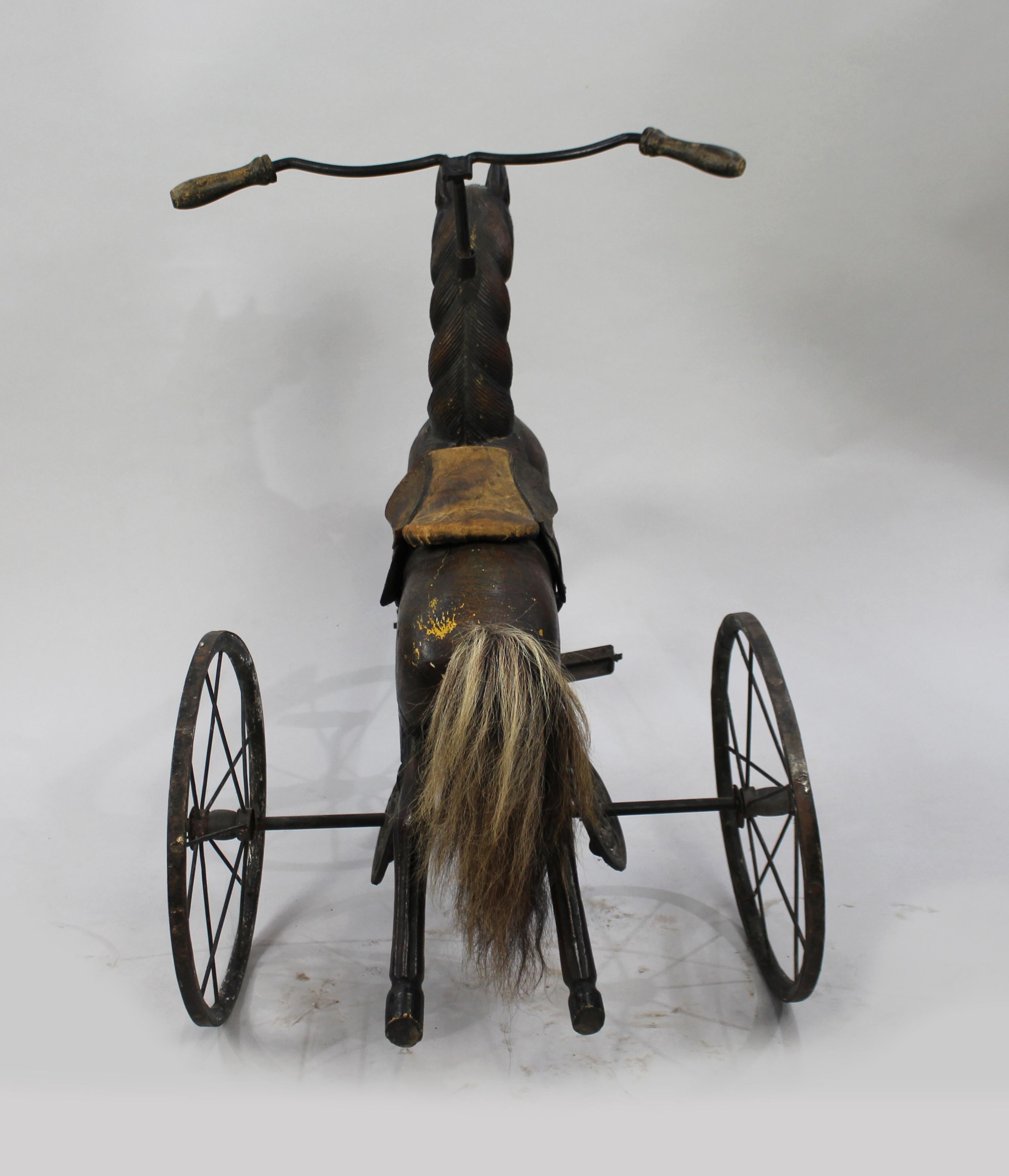 British Early 20th C. Carved Wooden Horse on Tricycle For Sale